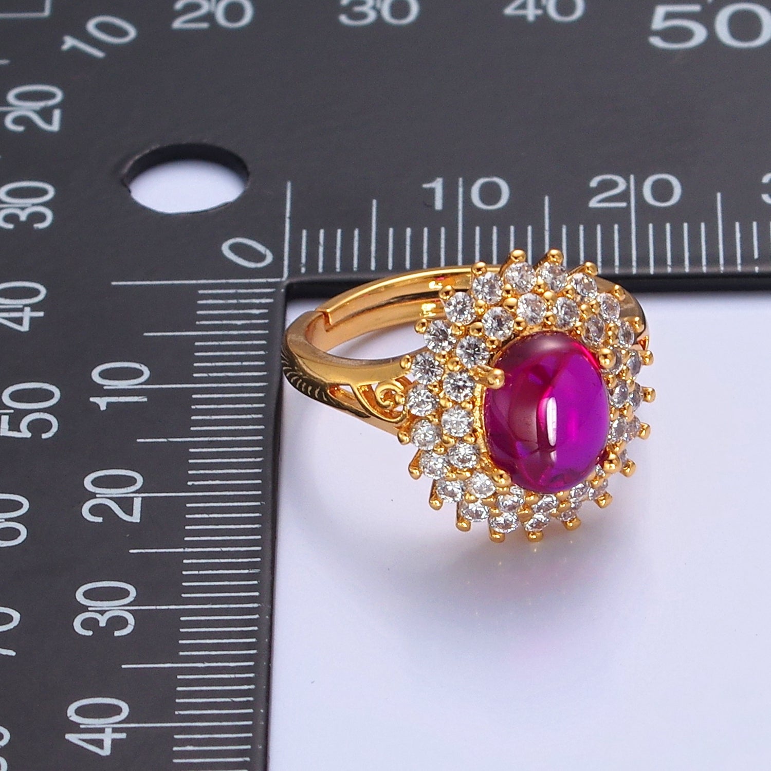 Oval Fuchsia Pink Jade Ring, Cubic Zirconia Sunflower Ring, P313 - DLUXCA