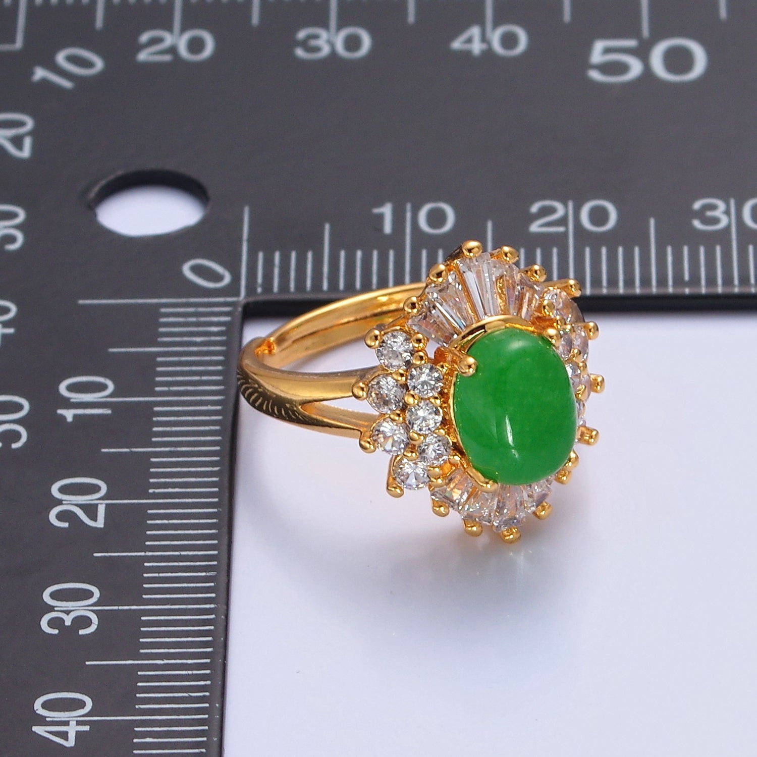 24K Gold Filled Green Jade Sunburst Baguette Round CZ Statement Ring P305 - DLUXCA