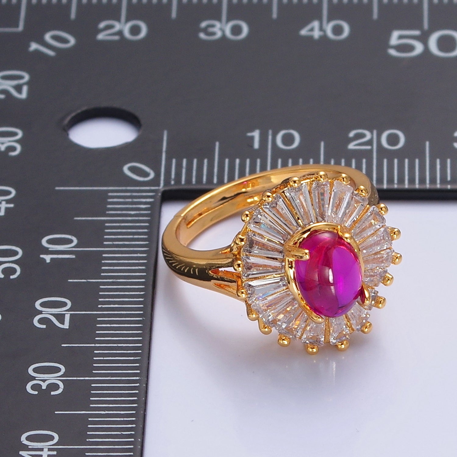 24K Gold Filled Fuchsia Pink Jade Ring, Round Baguette CZ Zirconia P-306 - DLUXCA