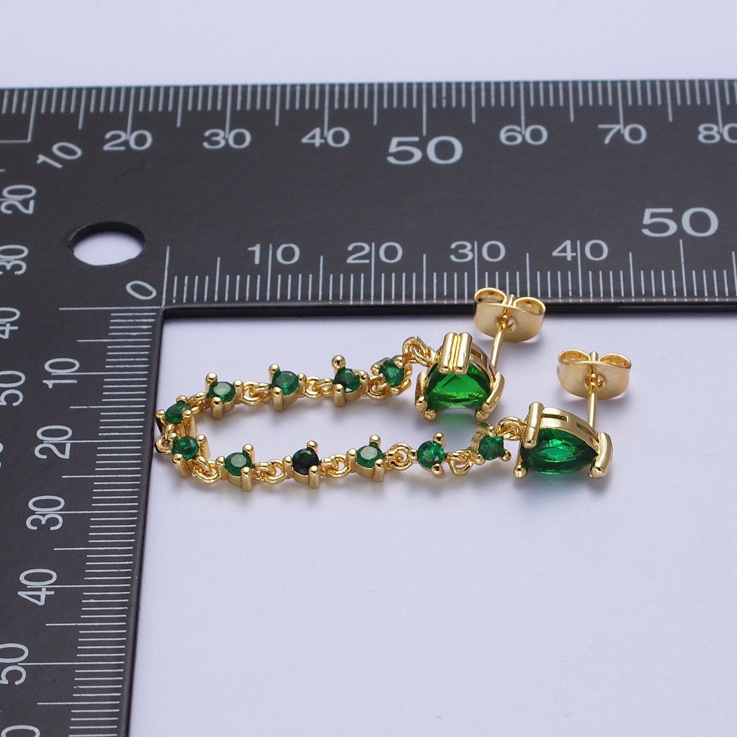 24K Gold Filled Emerald Green Double Cubic Zirconia Teardrop Round Stud Chain Earring | G920 - DLUXCA