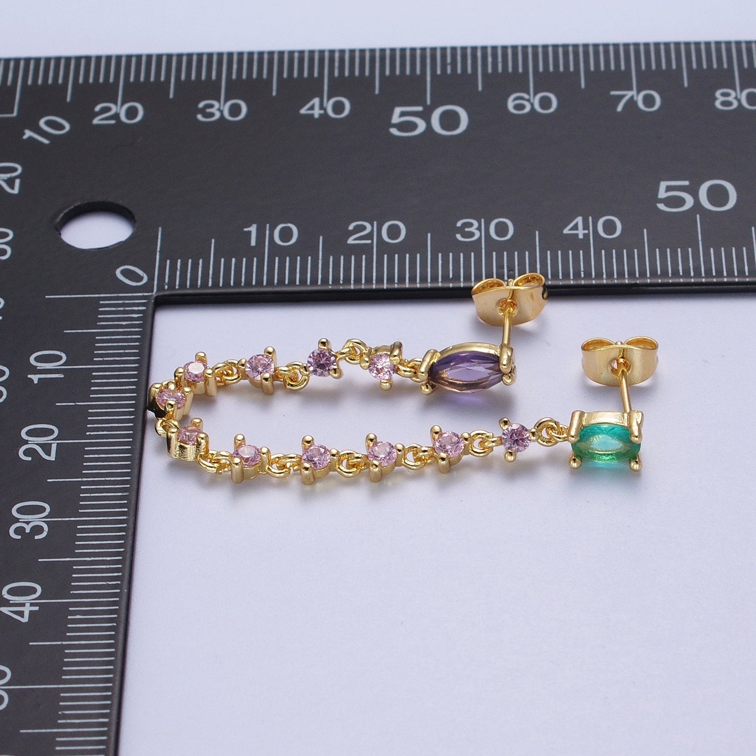 24K Gold Filled Pink Teal Multicolor Oval Double Cubic Zirconia Stud Chained Earrings | G919 - DLUXCA