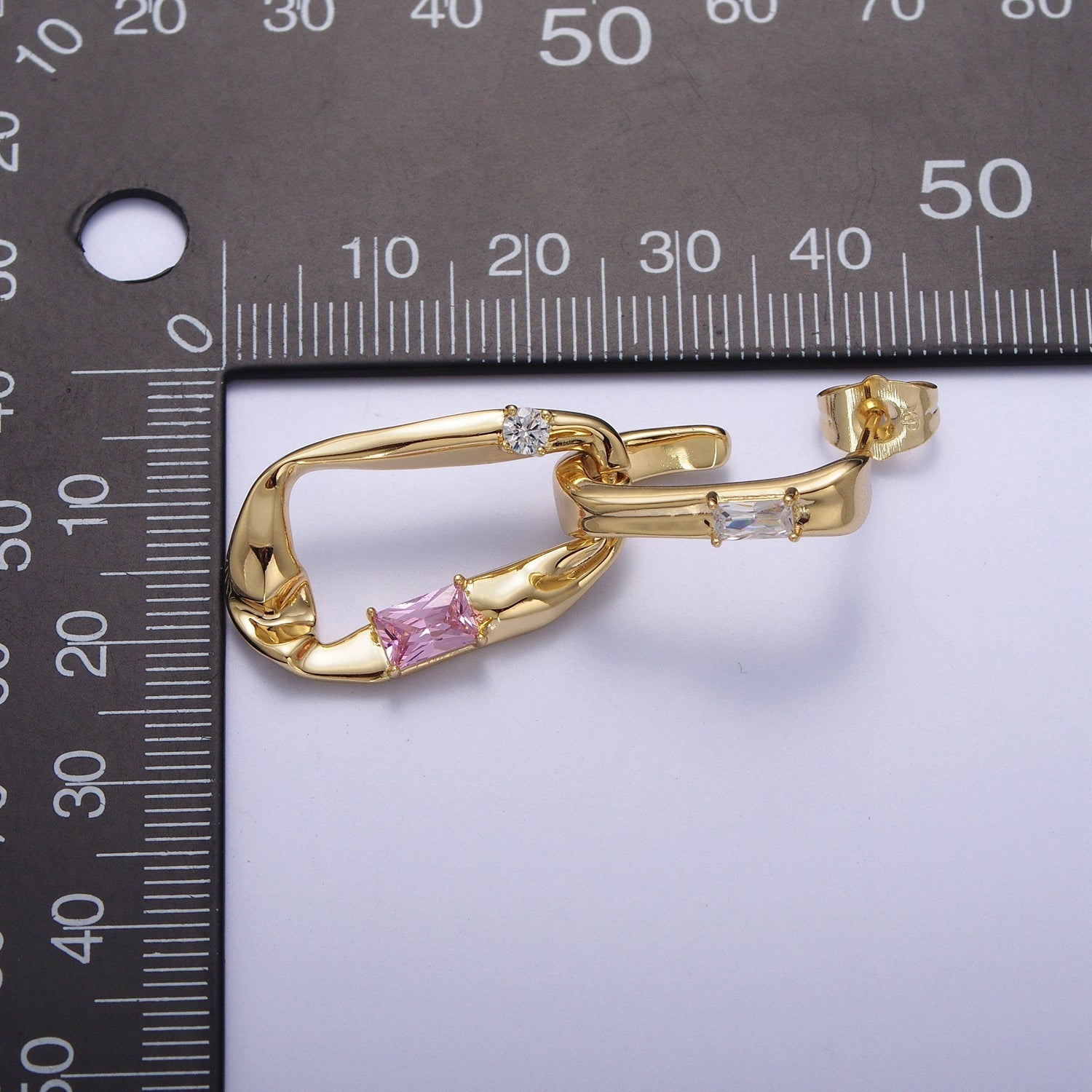 Gold Hammered J Shaped Hoop Abstract Baguette Cubic Zirconia Dangle Drop Stud Earrings | Y060 - DLUXCA