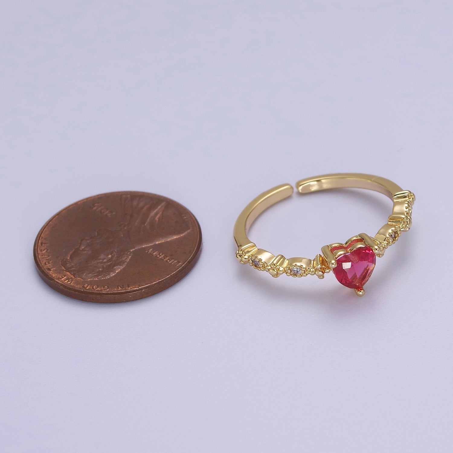 Minimalist Heart Ring, Gold Filled Stacking Ring, Pink CZ Heart Ring Open Adjustable V-183 - DLUXCA