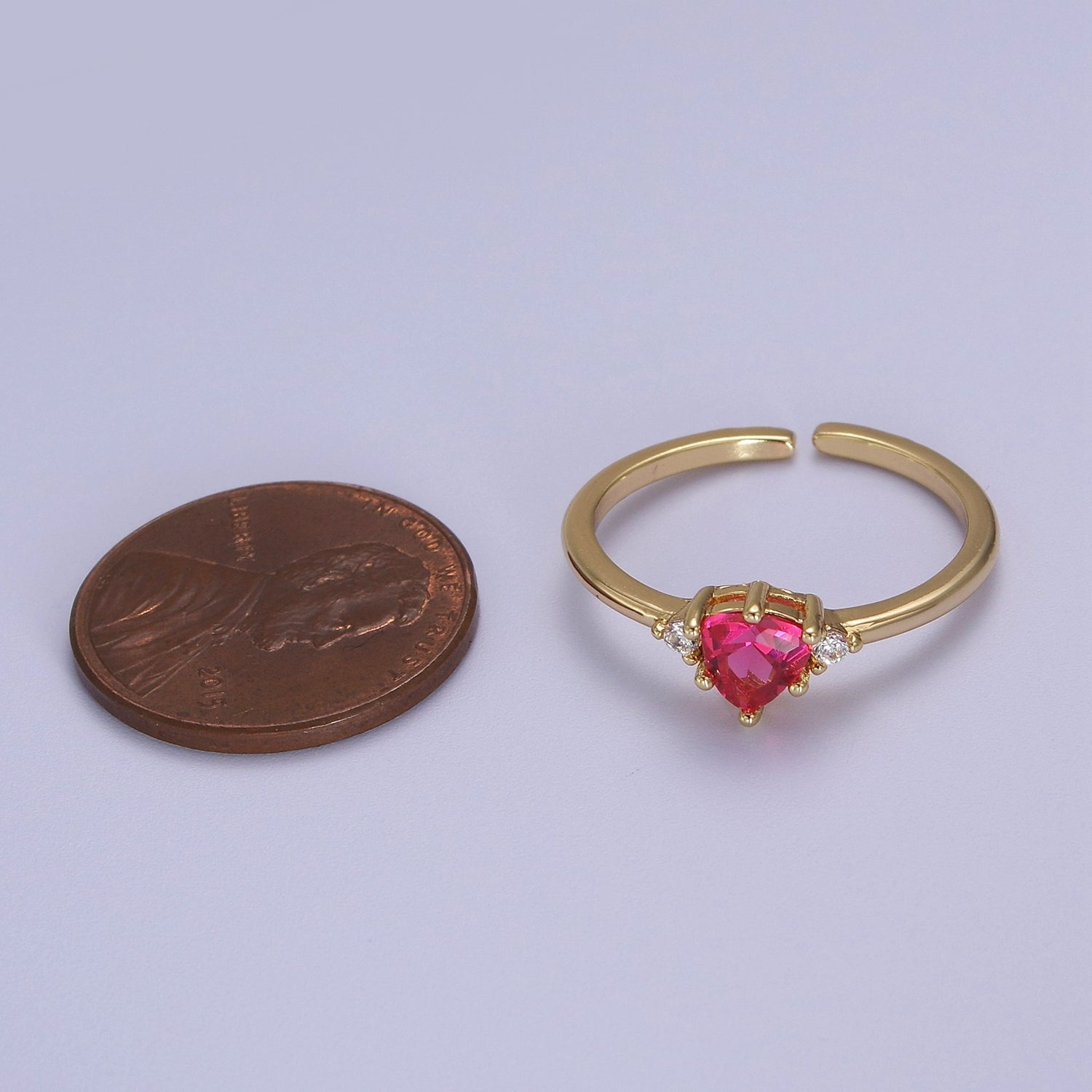 Minimalist Heart Ring, Gold Filled Stacking Ring, Pink CZ Heart Ring Open Adjustable S-532 - DLUXCA