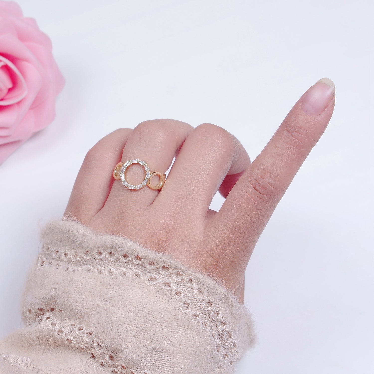 Open Circle Baguette Ring Gold Romantic Circle Ring, Geometric Ring O Ring Minimalist Jewelry P-314 - DLUXCA