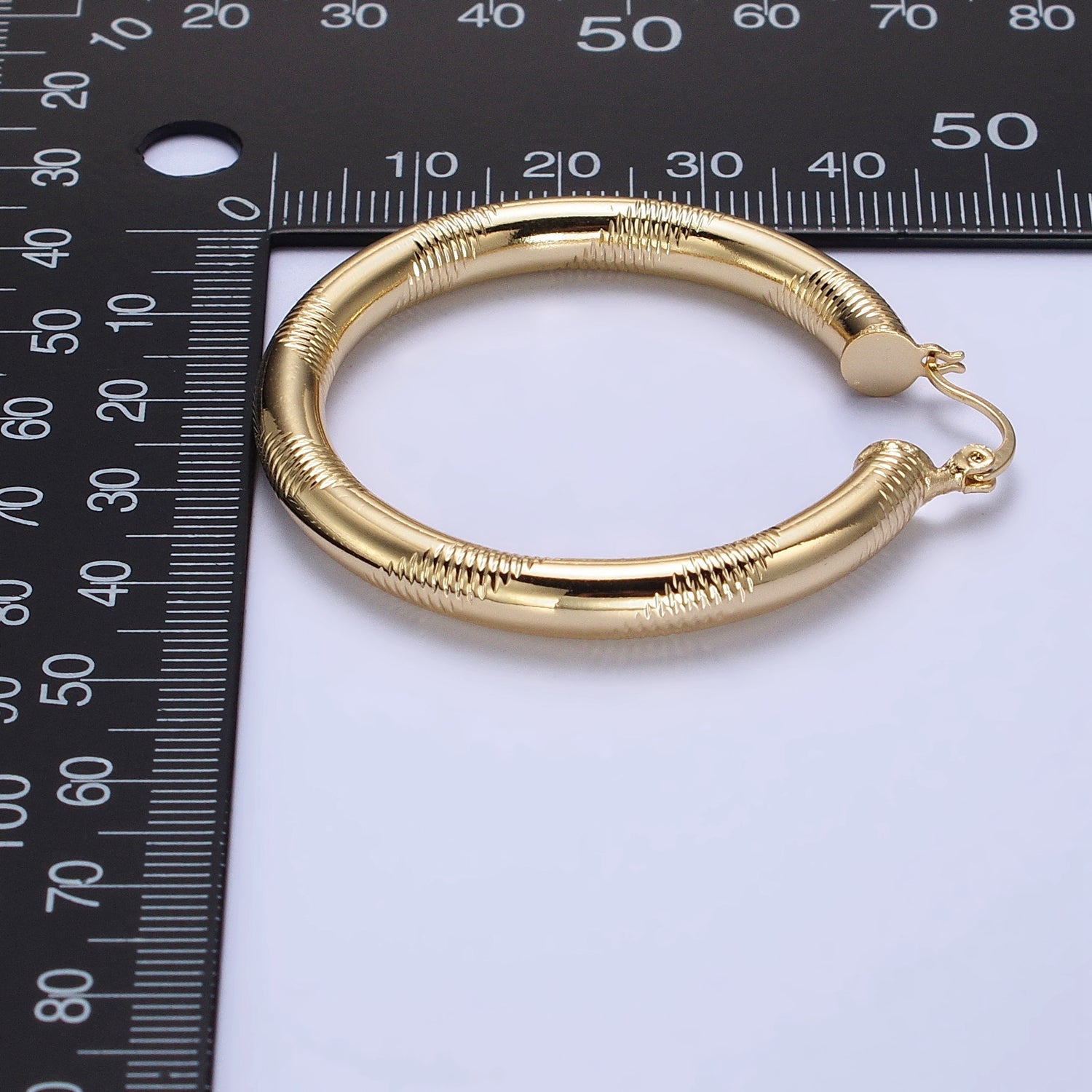14K Gold Filled 40mm, 50mm, 60mm Line-Textured Statement Latch Hoop Earrings | AB208 AB207 AB209 - DLUXCA