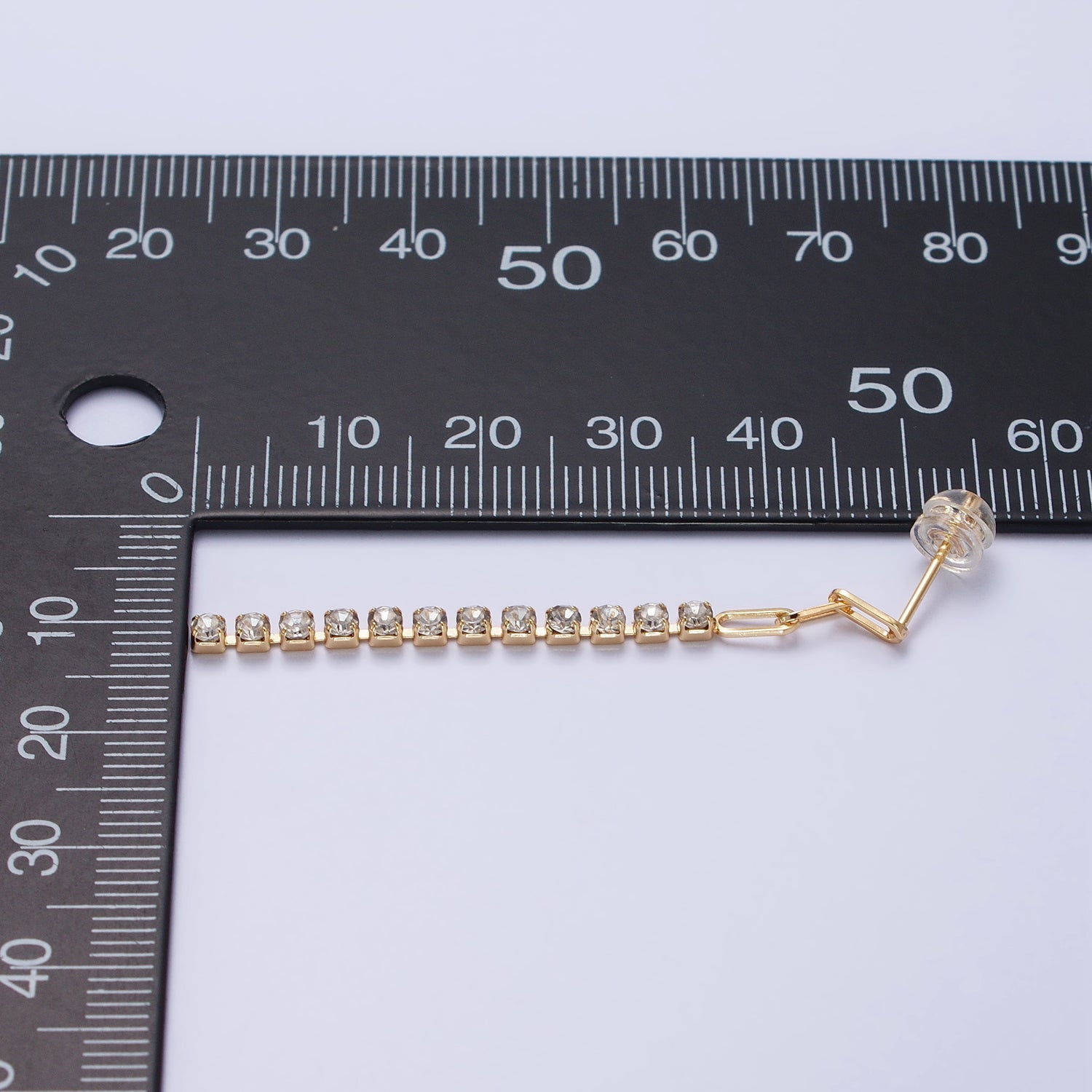 16K Gold Filled 52.5mm Triple Paperclip Link Clear Tennis CZ Chain Linear Drop Stud Earrings | AB386 - DLUXCA