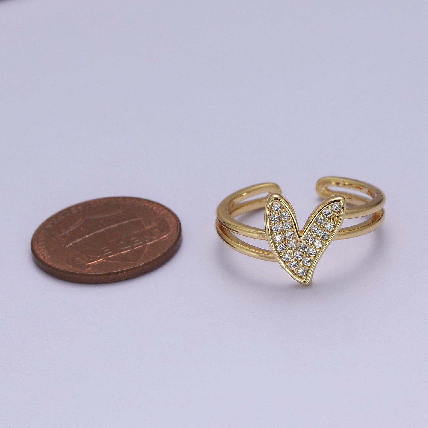 Dainty Double Band Heart Ring with Clear CZ Stone Gold Filled Open Adjustable V-185 - DLUXCA