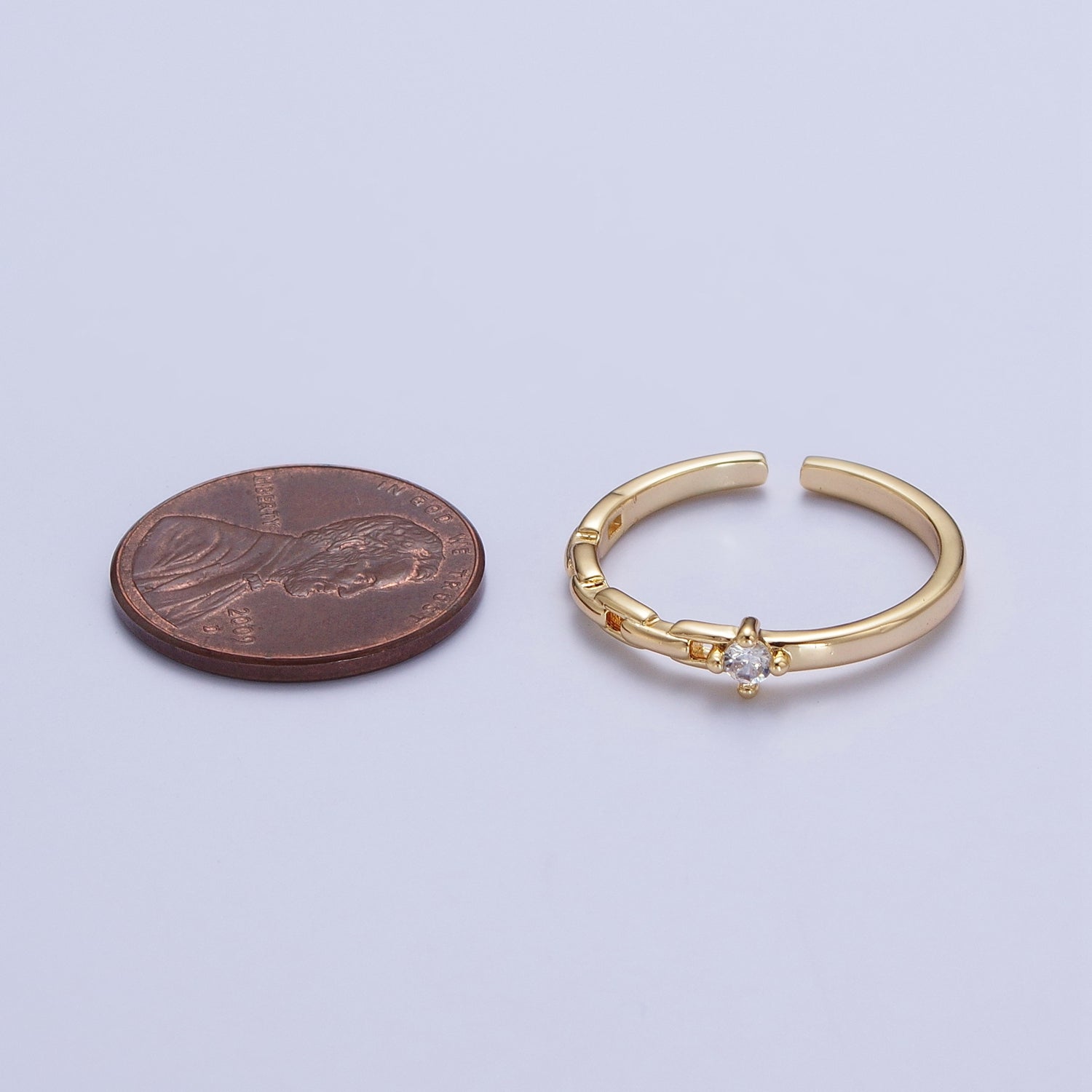 24K Gold Filled Partially Chain Link with Round Cubic Zirconia Stone Adjustable Minimalist Gold Ring | X583 - DLUXCA