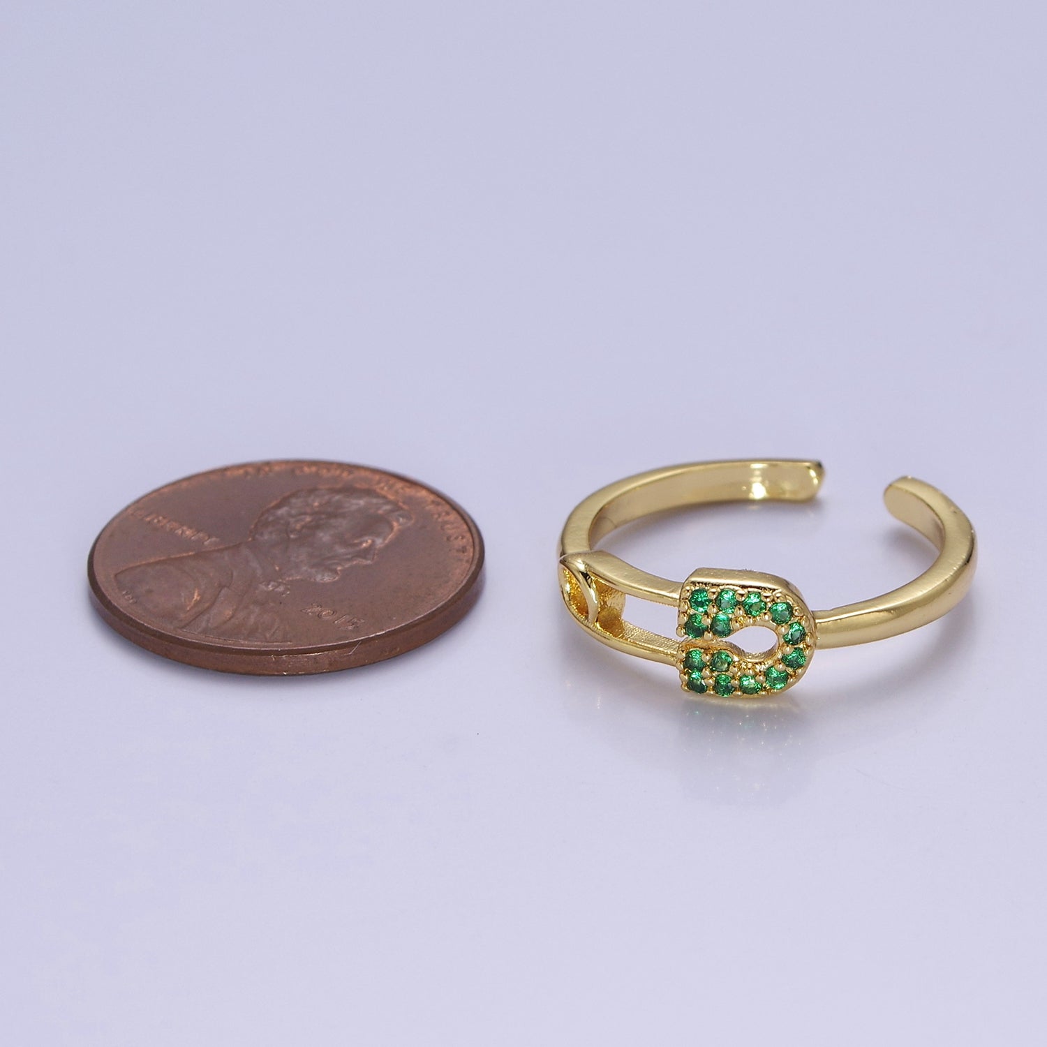 24k Gold Filled Tiny Safety Pin Ring | Emerald Green Micro Pave Dainty Ring V-329 - DLUXCA