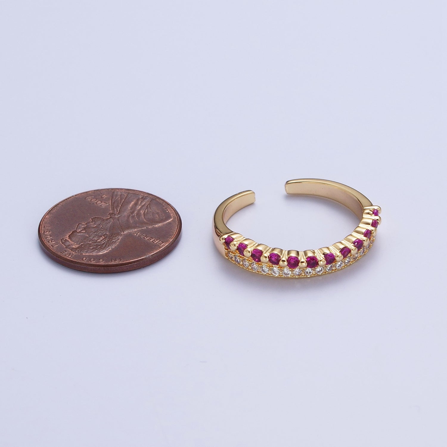 Micro Paved Fuchsia & Green Cubic Zirconia Minimalist Adjustable Gold Ring | X588 - DLUXCA