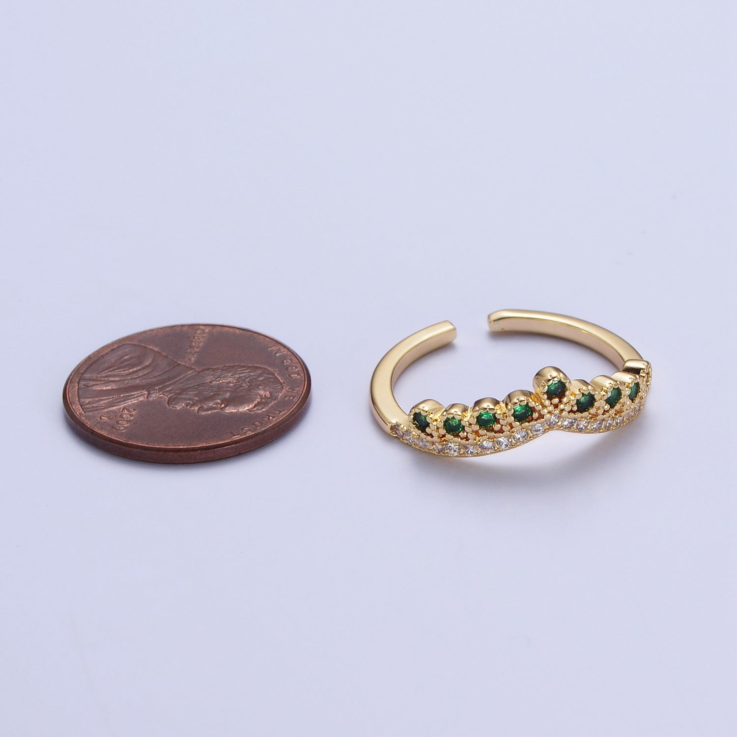 Green & Clear Micro Paved Cubic Zirconia Curved Line Crown Adjustable Gold Ring | X586 - DLUXCA