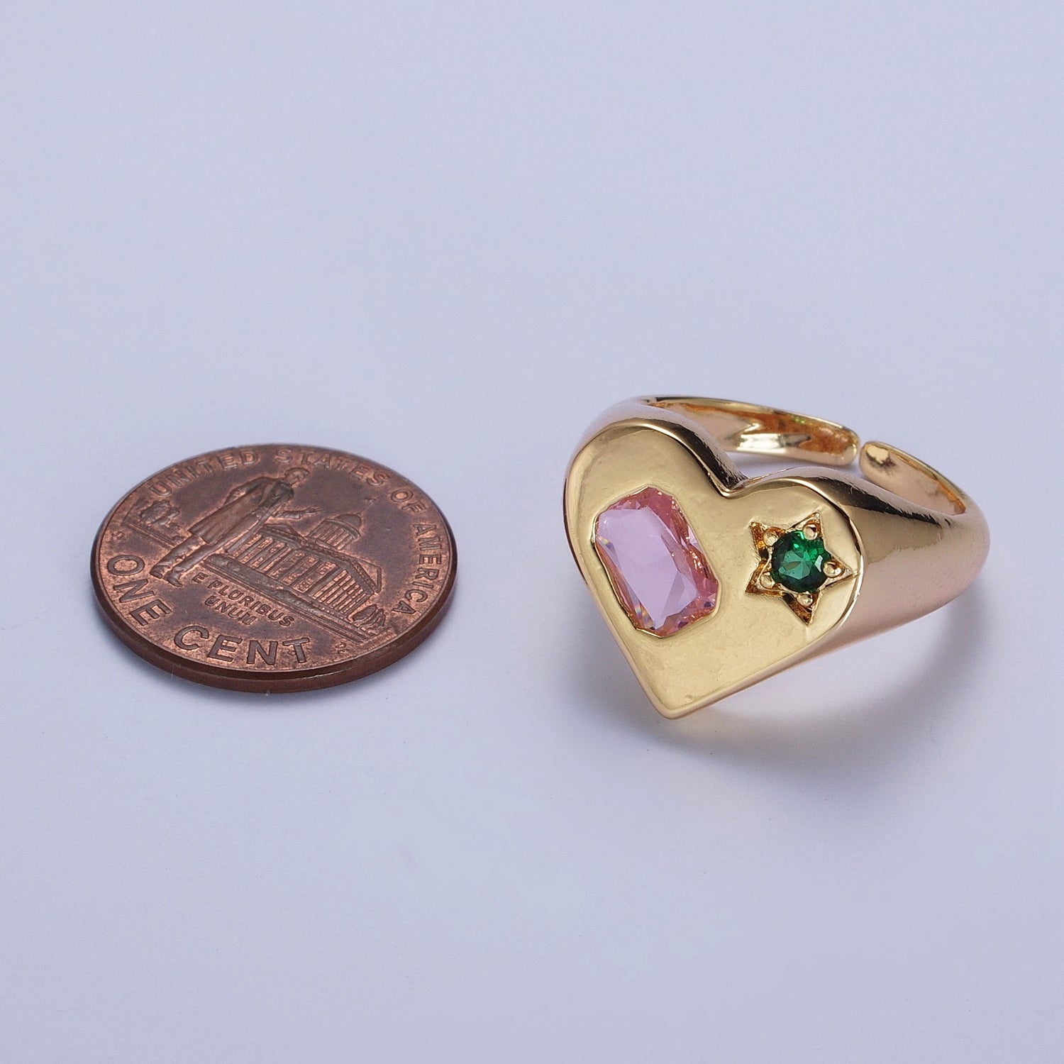 Gold Heart Signet Ring with Pink & Green Cubic Zirconia Baguette Star Stones | X616 - DLUXCA