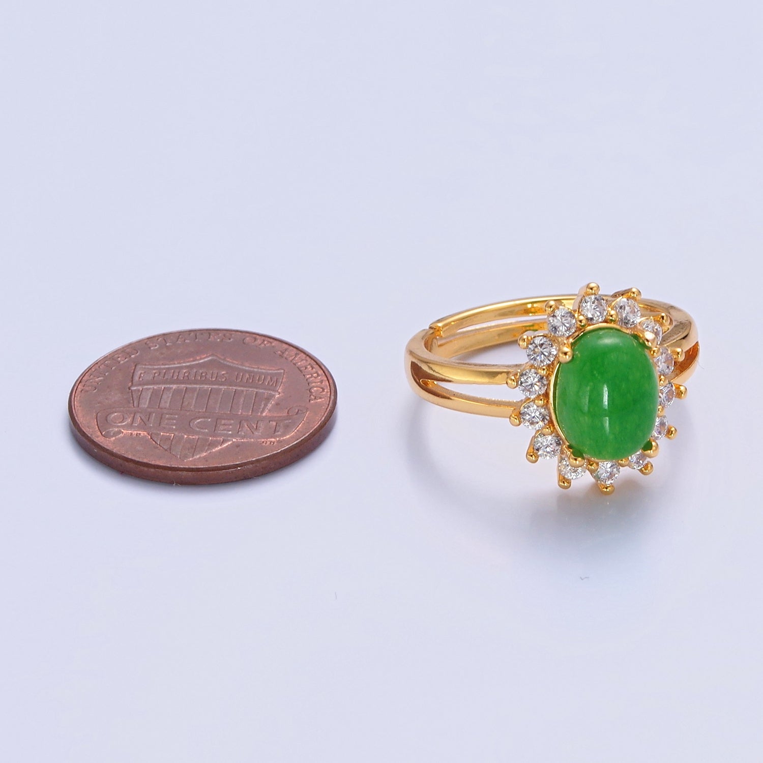 24K Gold Filled Celestial Sun Ring with Oval Green Jade Stone P-301 - DLUXCA