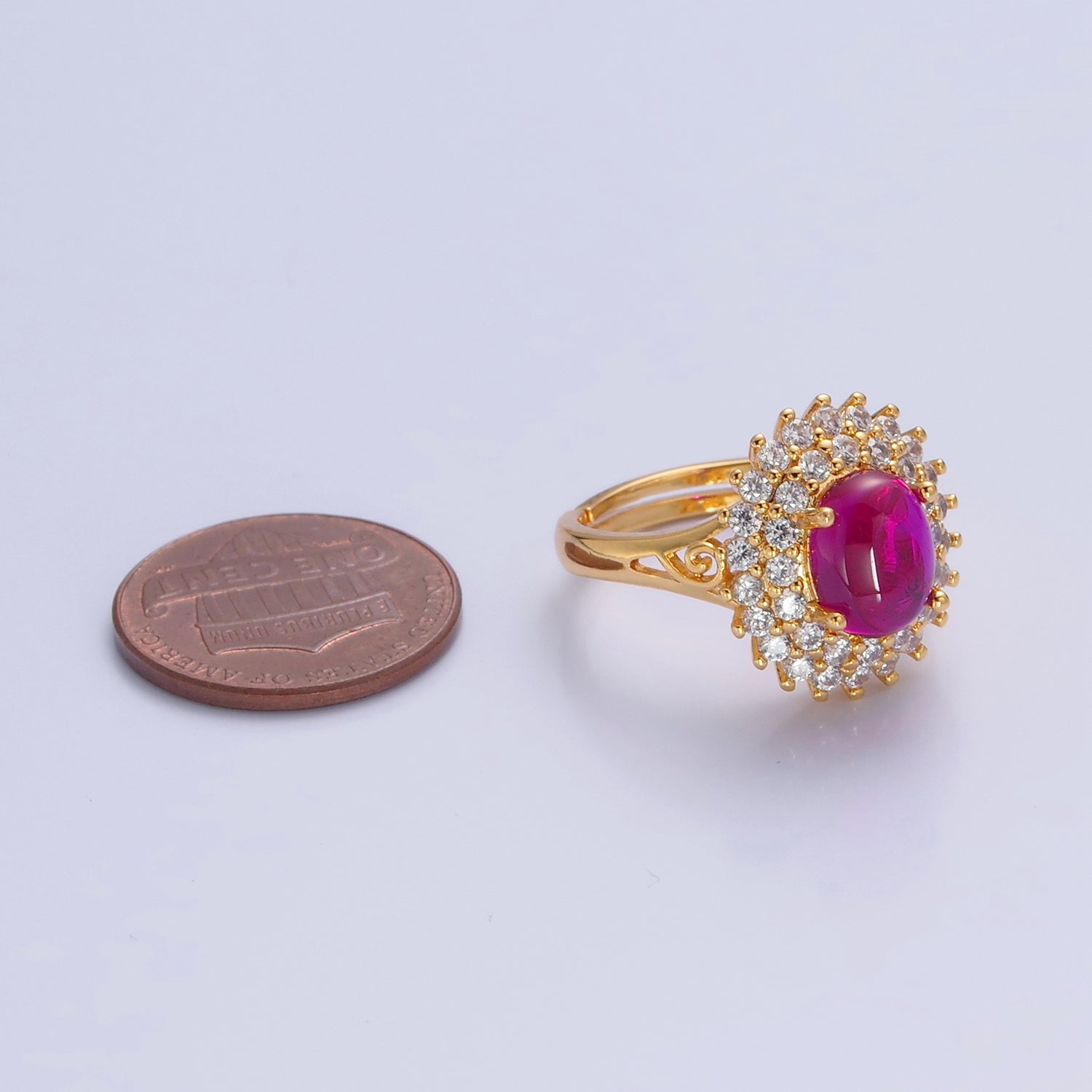 Oval Fuchsia Pink Jade Ring, Cubic Zirconia Sunflower Ring, P313 - DLUXCA