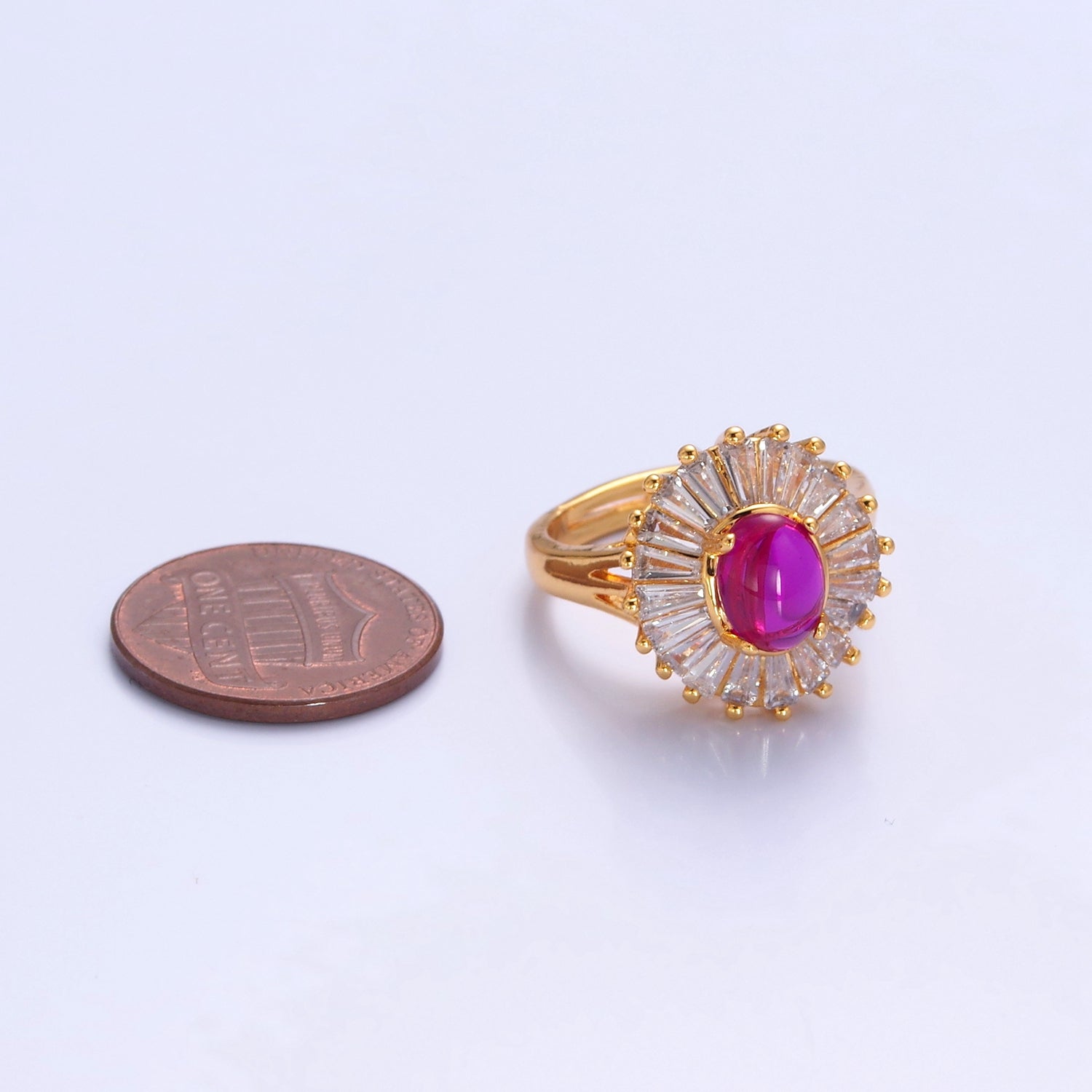 24K Gold Filled Fuchsia Pink Jade Ring, Round Baguette CZ Zirconia P-306 - DLUXCA