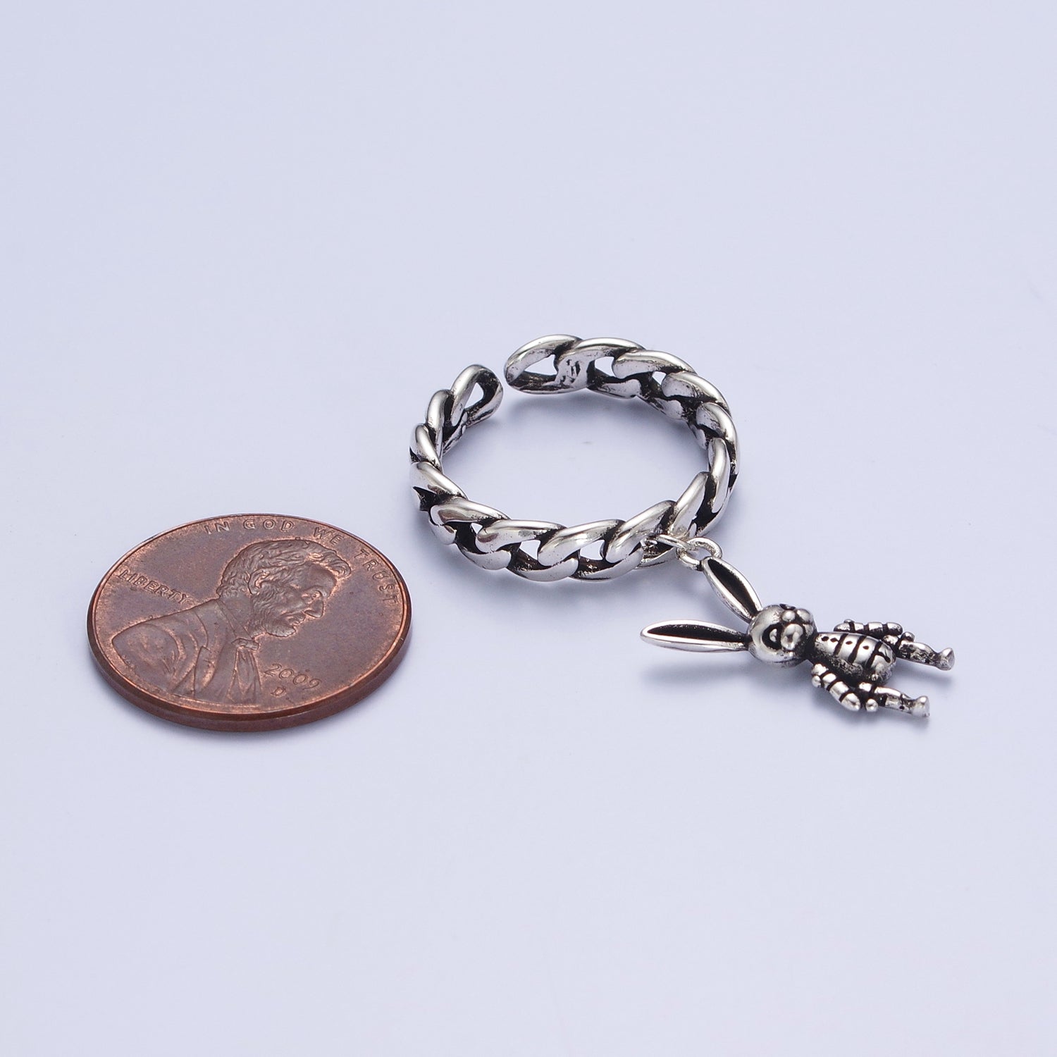 White Gold Filled Curb Chain Link with Rabbit Bunny Charm Adjustable Silver Ring | X577 - DLUXCA