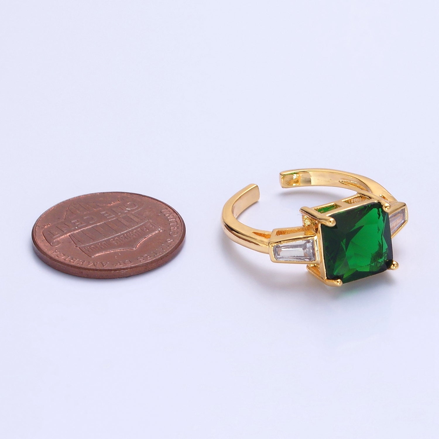 24K Gold Filled Emerald Promise Ring, Green & Clear Baguette Cubic Zirconia CZ Ring V-534 - DLUXCA