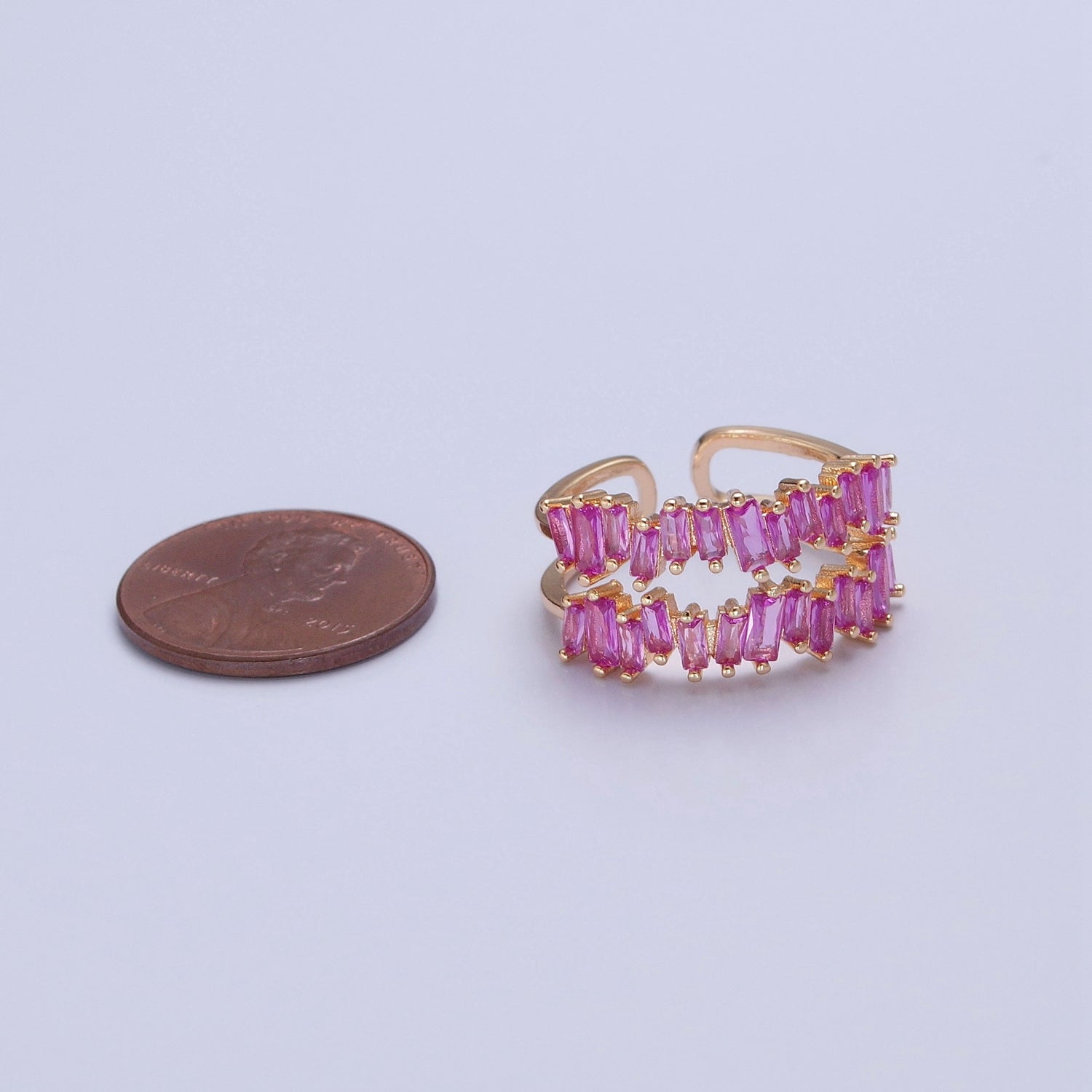 Double Band Pink Baguette Ring Open Adjustable Ring V-491 - DLUXCA