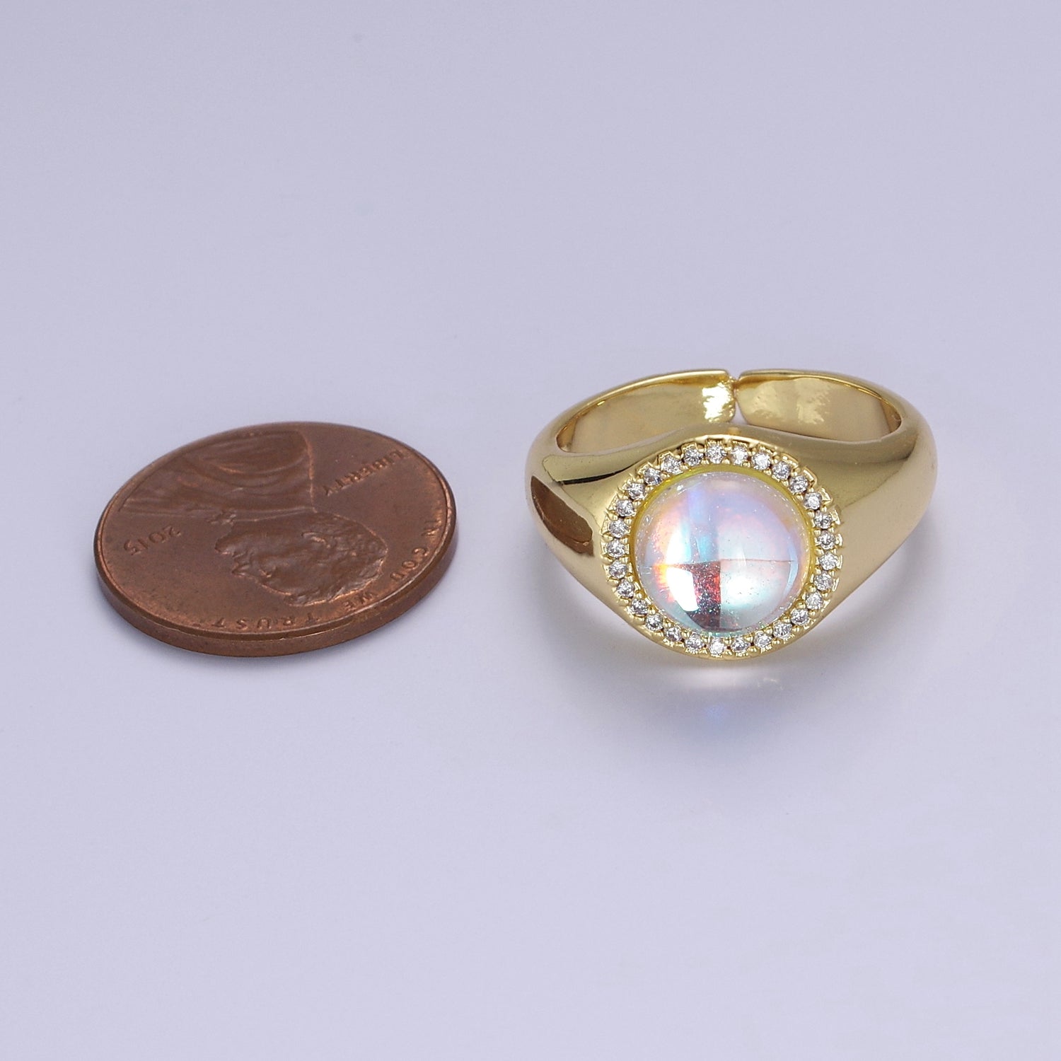 Bold Rainbow Moonstone Ring, Statement Signet Gold Ring Stackable Open Adjustable Ring V-259 - DLUXCA