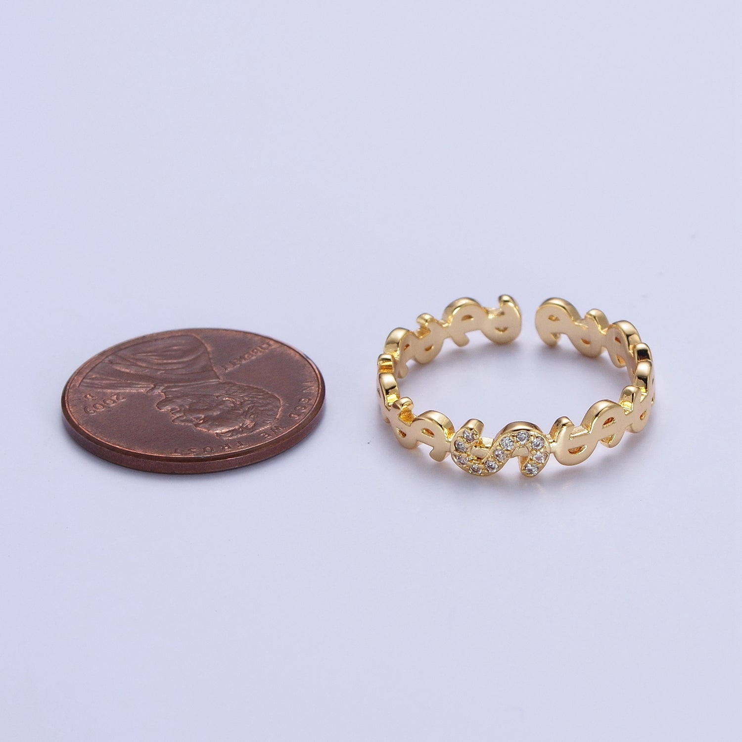 Micro Paved Cubic Zirconia Dollar Bill $ Link Adjustable Gold Ring | X559 - DLUXCA