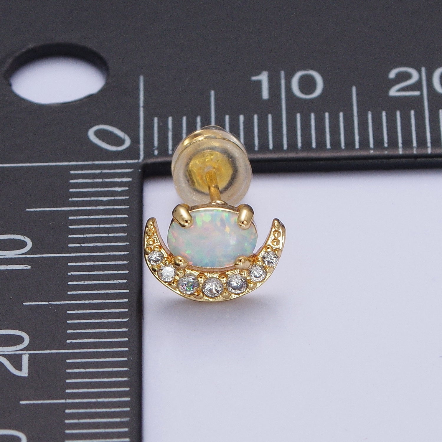 Mini 14K Gold Filled Micro Pave Crescent Moon CZ White Opal Stud Earrings | Y088 - DLUXCA