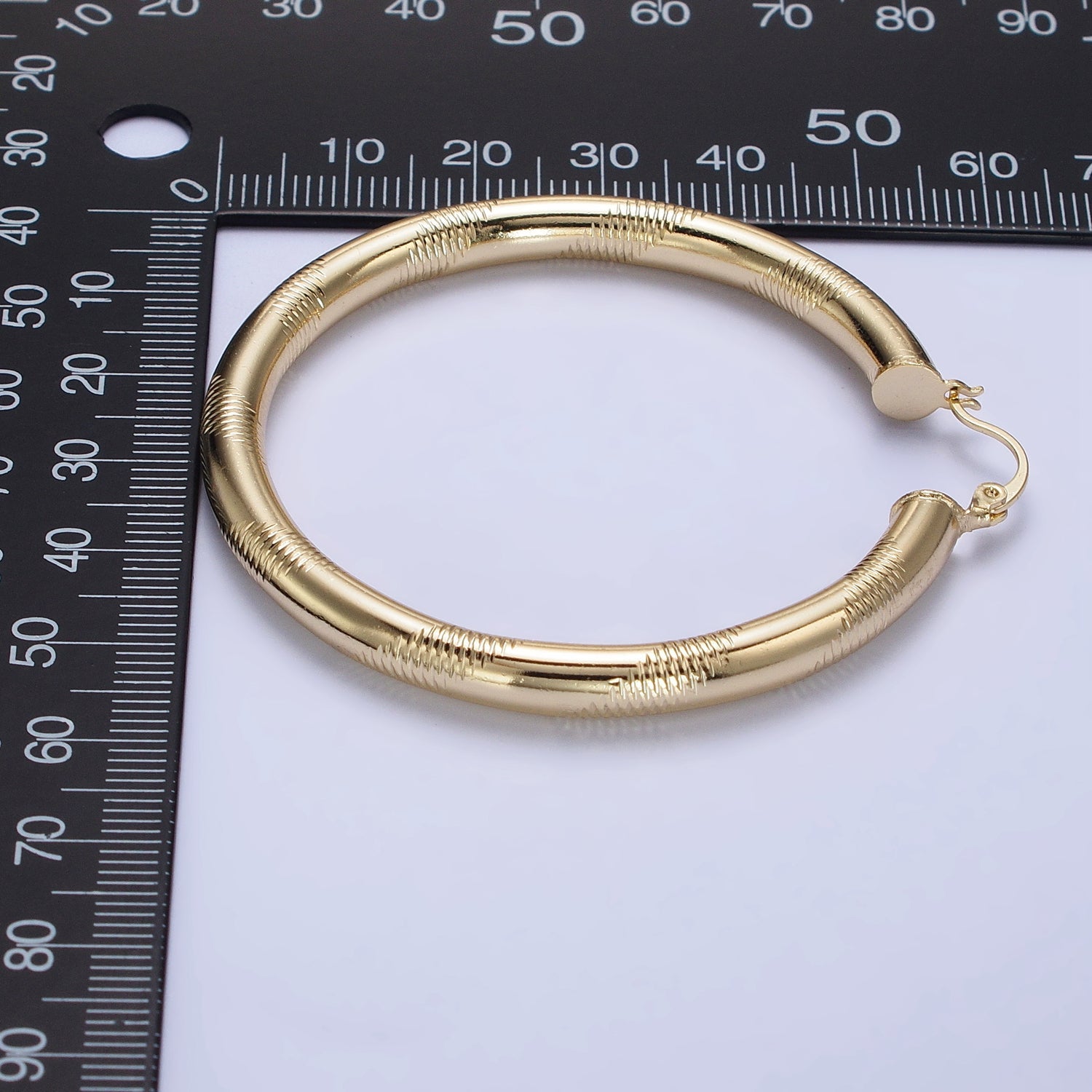 14K Gold Filled 40mm, 50mm, 60mm Line-Textured Statement Latch Hoop Earrings | AB208 AB207 AB209 - DLUXCA