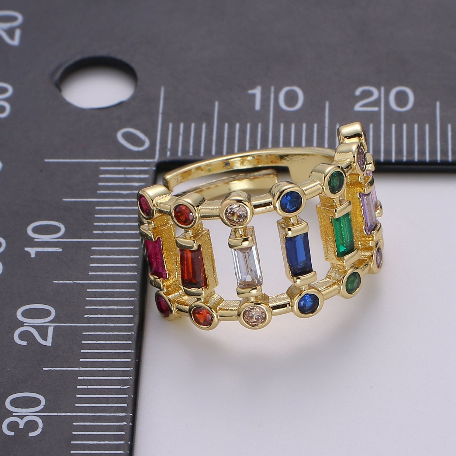 Chunky Baguette Ring, Rainbow Gold Baguette Ring, Colorful Baguette Ring, Multi Color Adjustable Ring, EVeryday Wear Women Ring - DLUXCA