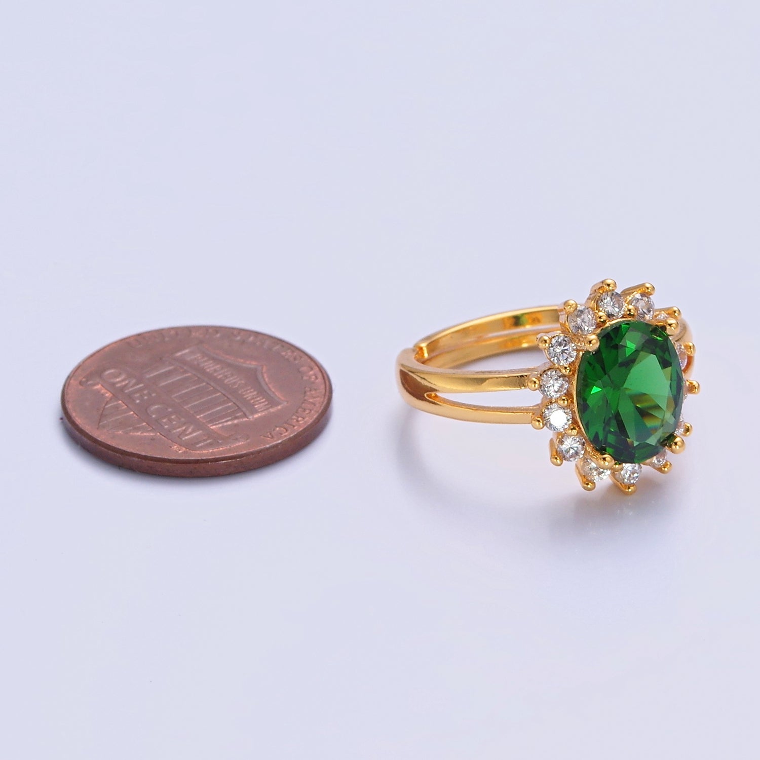 24K Gold Filled Celestial Sun Ring with Oval Emerald Green Cubic Zirconia CZ V-540 - DLUXCA