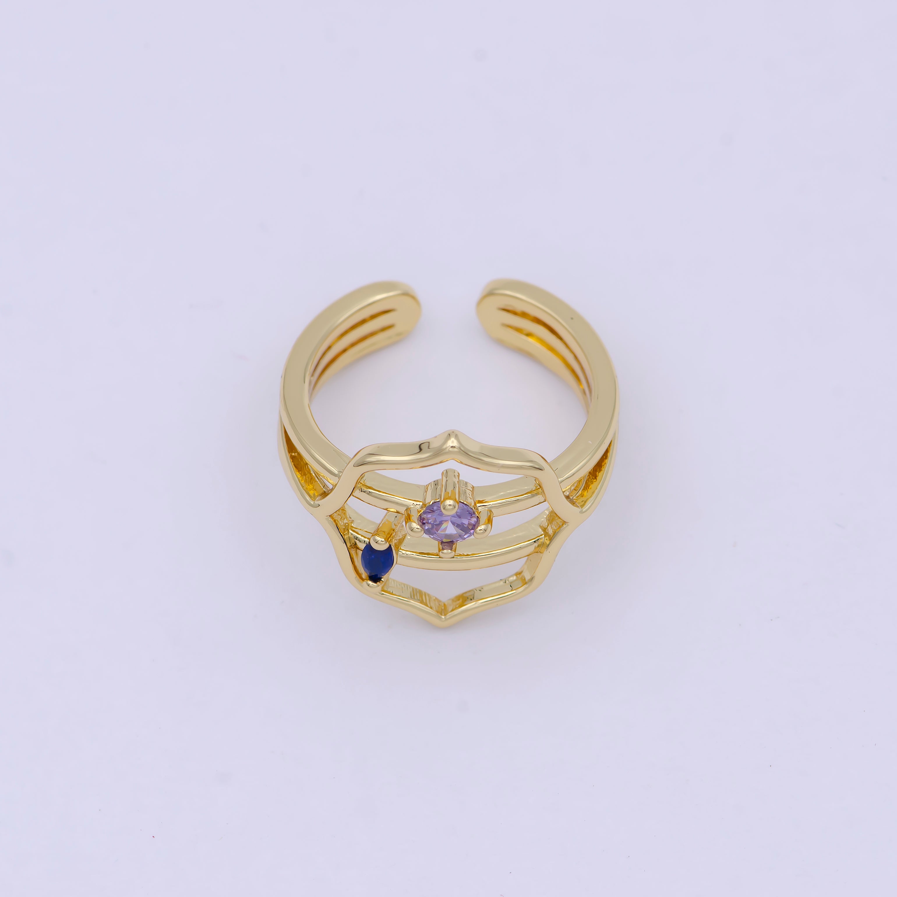 Dainty Gold Band Purple Cz Ring Open Adjustable Stackable Jewelry S-313 - DLUXCA