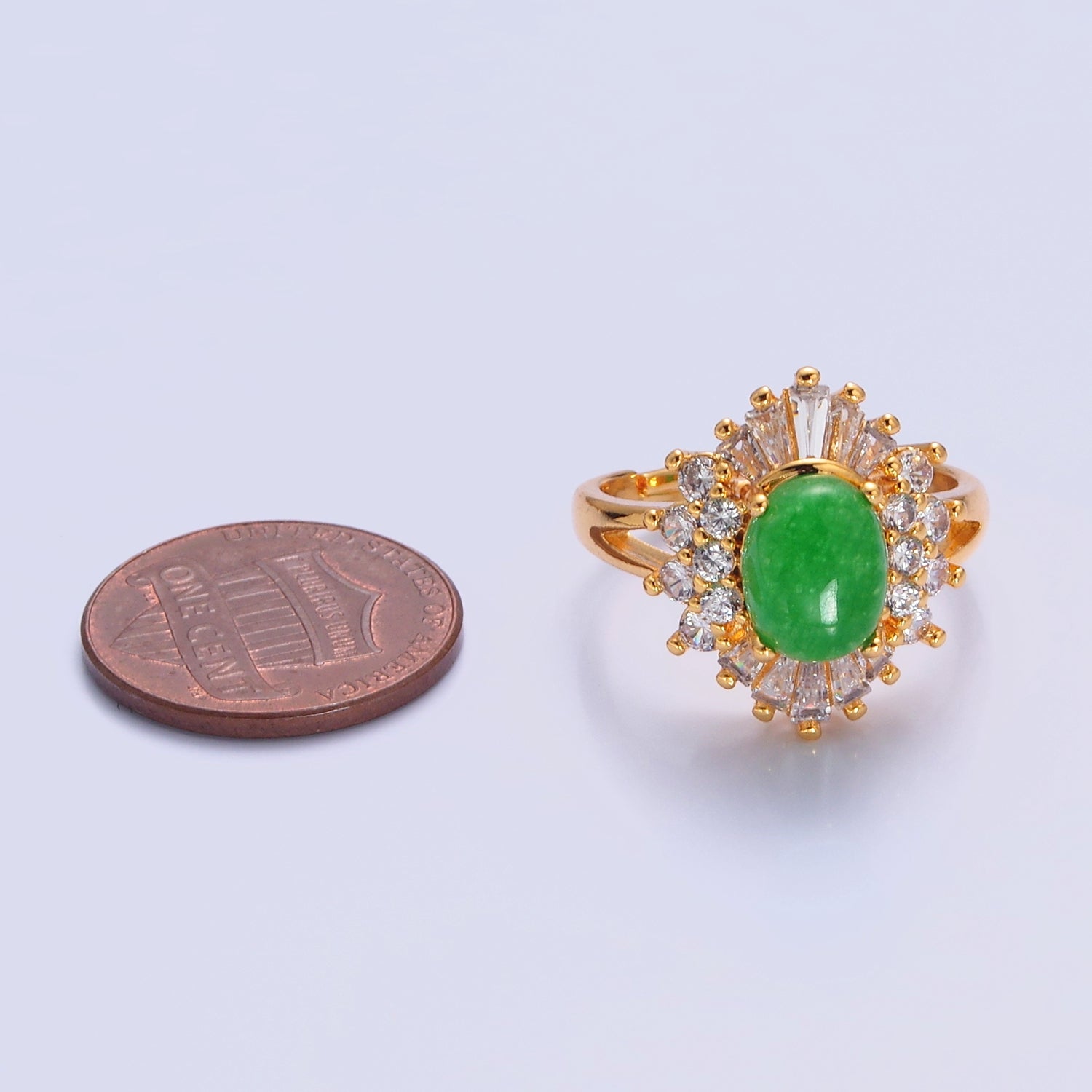 24K Gold Filled Green Jade Sunburst Baguette Round CZ Statement Ring P305 - DLUXCA