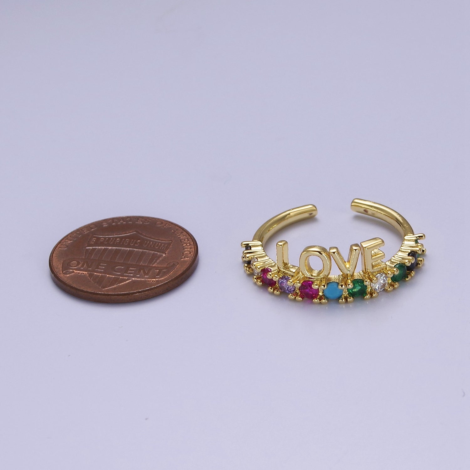 Dainty Love Script with Color CZ Stone Ring Gold Ring V-258 - DLUXCA