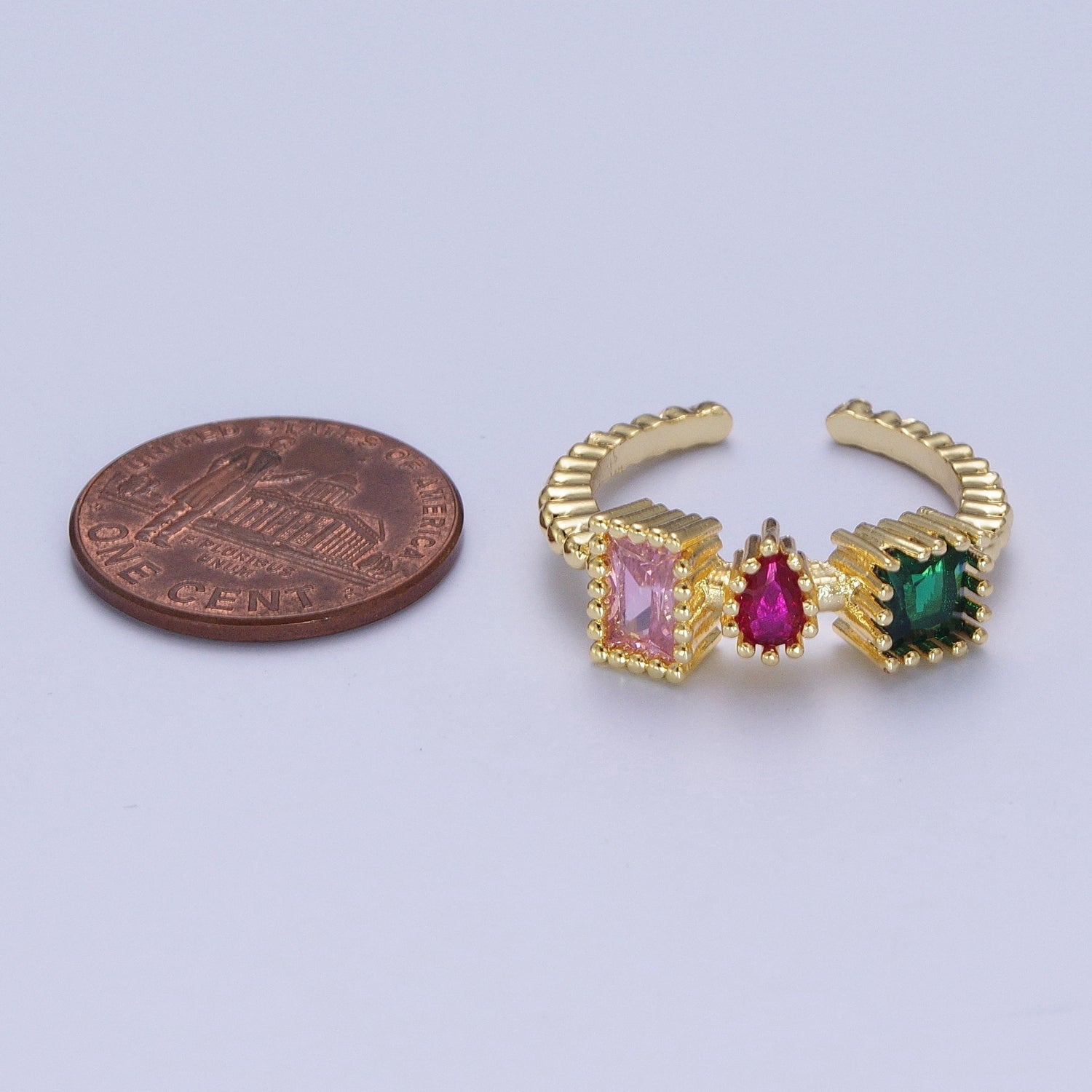 Gold Dotted Pink, Fuchsia, Green Baguette Teardrop Cubic Zirconia Adjustable Ring S-245 - DLUXCA