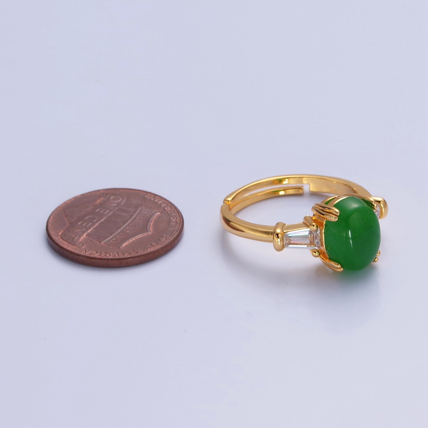 24K Gold Filled Oval Green Kade with Baguette CZ Statement Ring, P-311 - DLUXCA