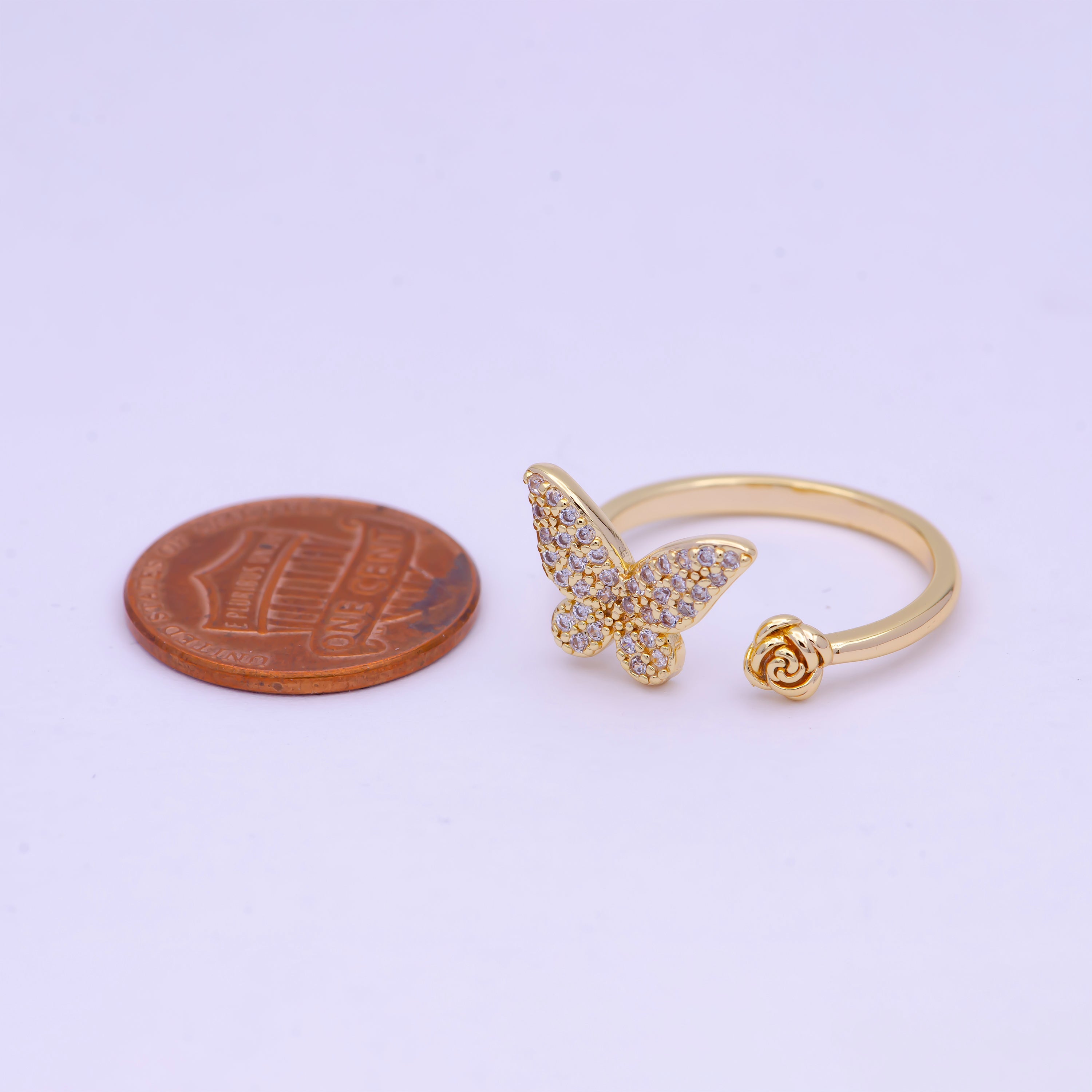 Gold Butterfly Ring with Rose Flower Open Adjustable X-604 - DLUXCA