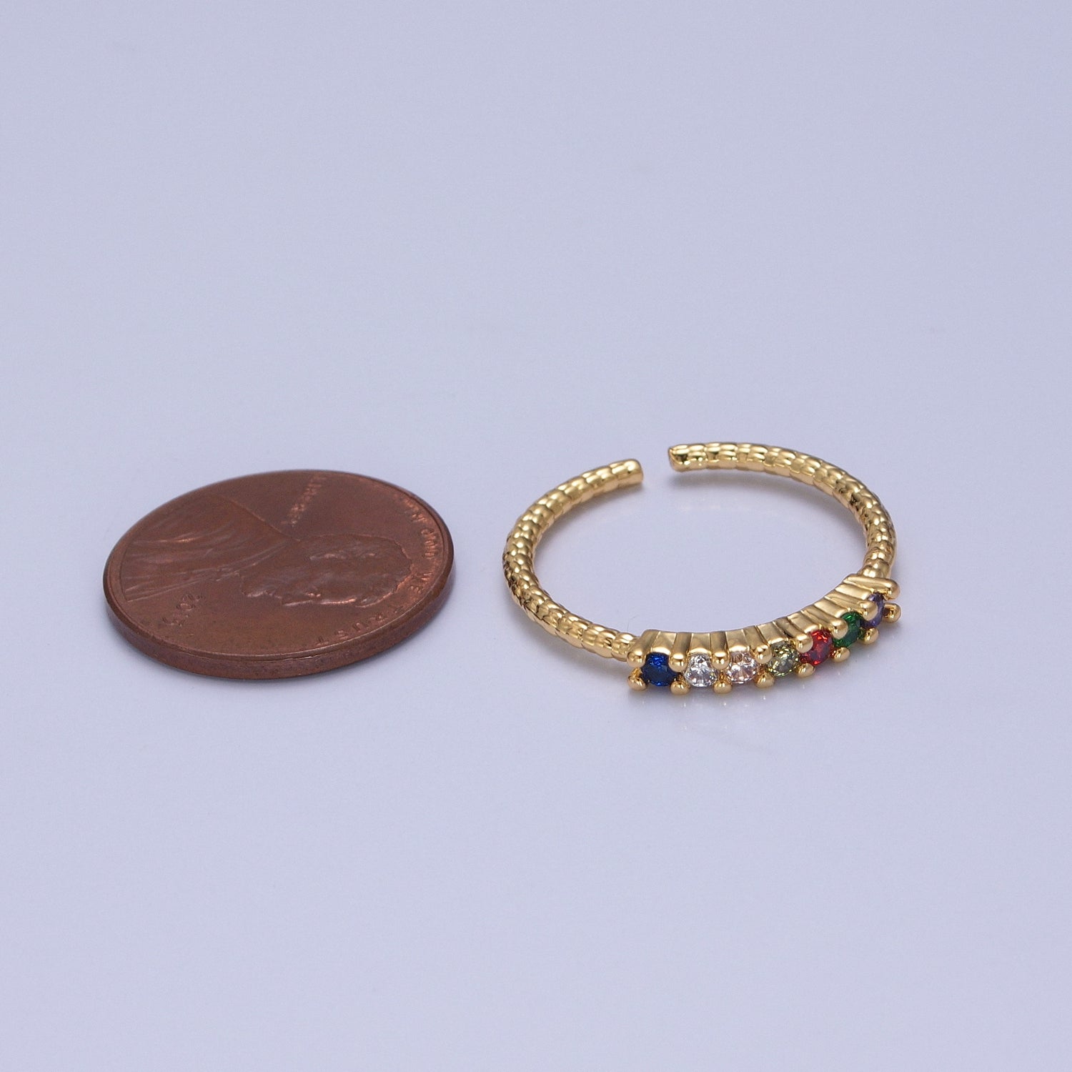 Dainty Gold Twist Band Simple Band with Colorful CZ Stone Adjustable Ring V-281 - DLUXCA