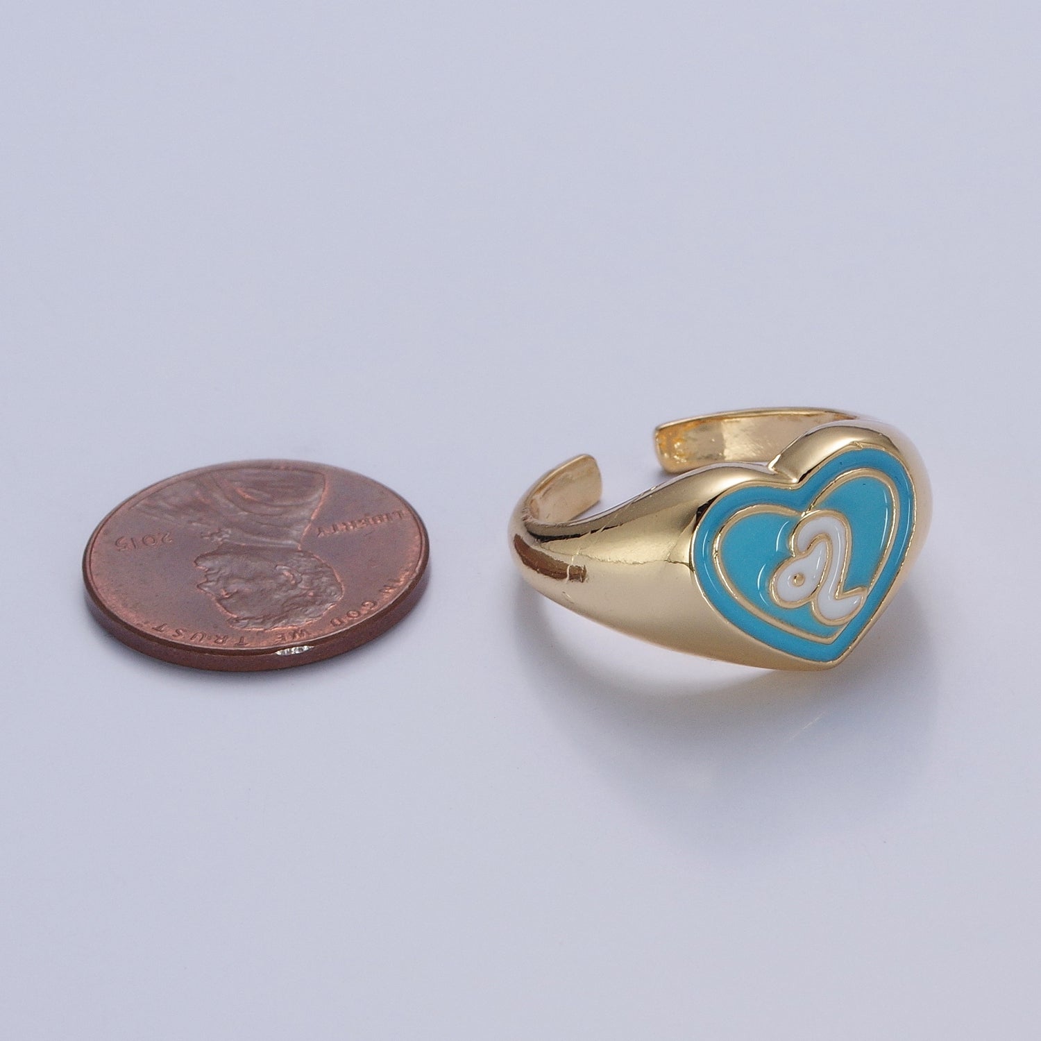 Blue Heart Signet Adjustable Ring White Snake Ring V-471 - DLUXCA