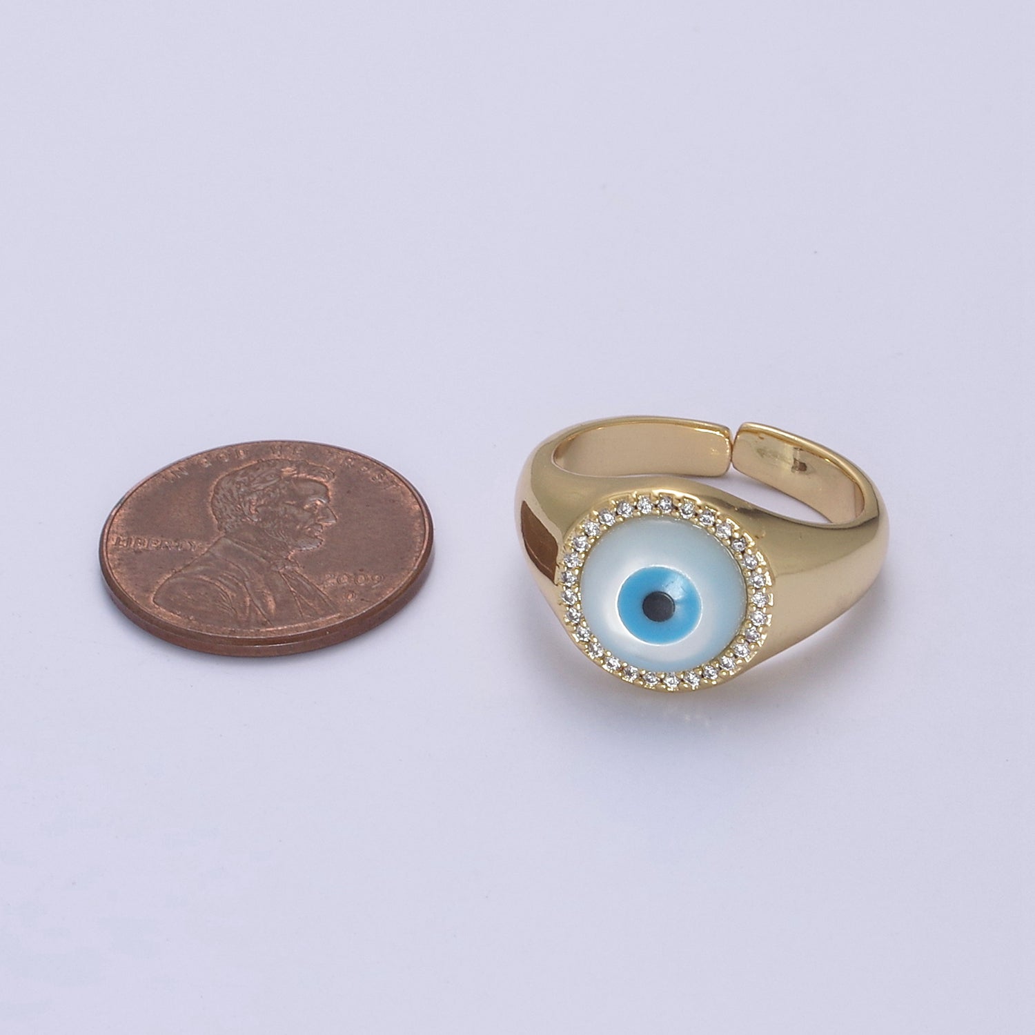 14K Gold Filled Micro Pave Evil Eye Blue Dome Ring Open Adjustable Ring U-474 - DLUXCA