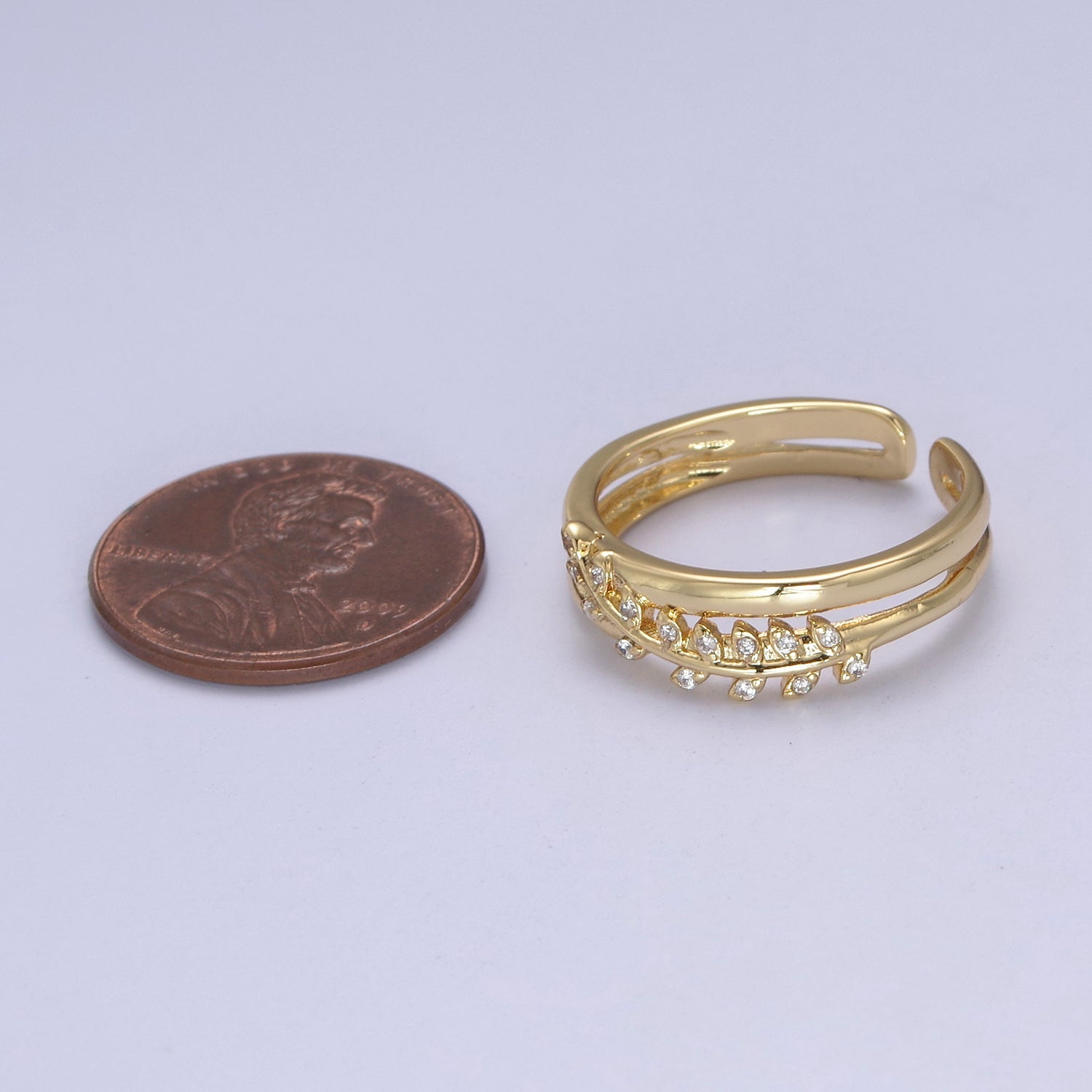 Gold Filled Double Olive Branch Vine with Crystal Zirconia CZ Band Adjustable Ring in 24K Gold & Silver | U386, U387 - DLUXCA
