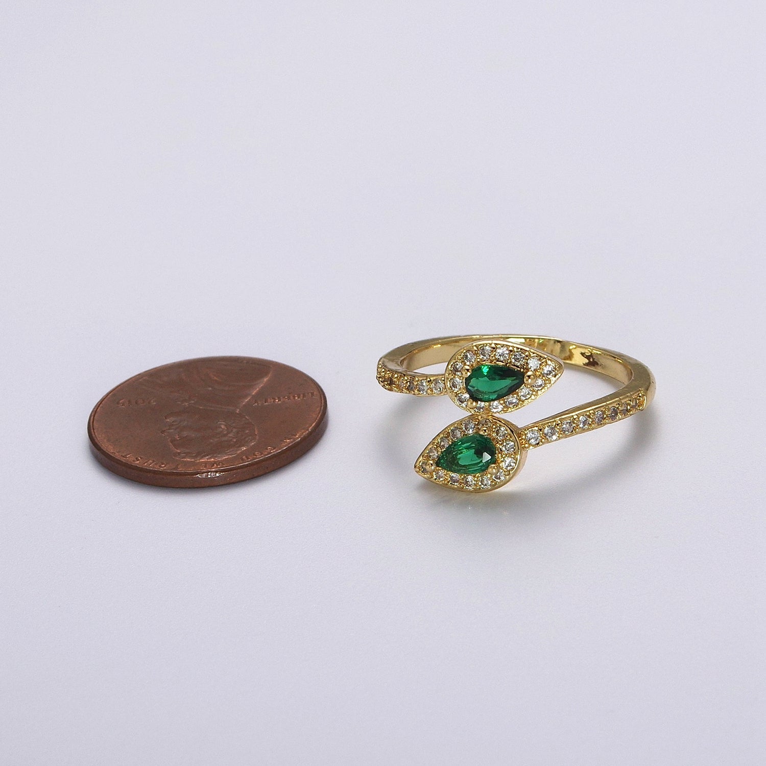 Green Emerald Tear Drop Cz Ring Open Adjustable Ring V-190 - DLUXCA