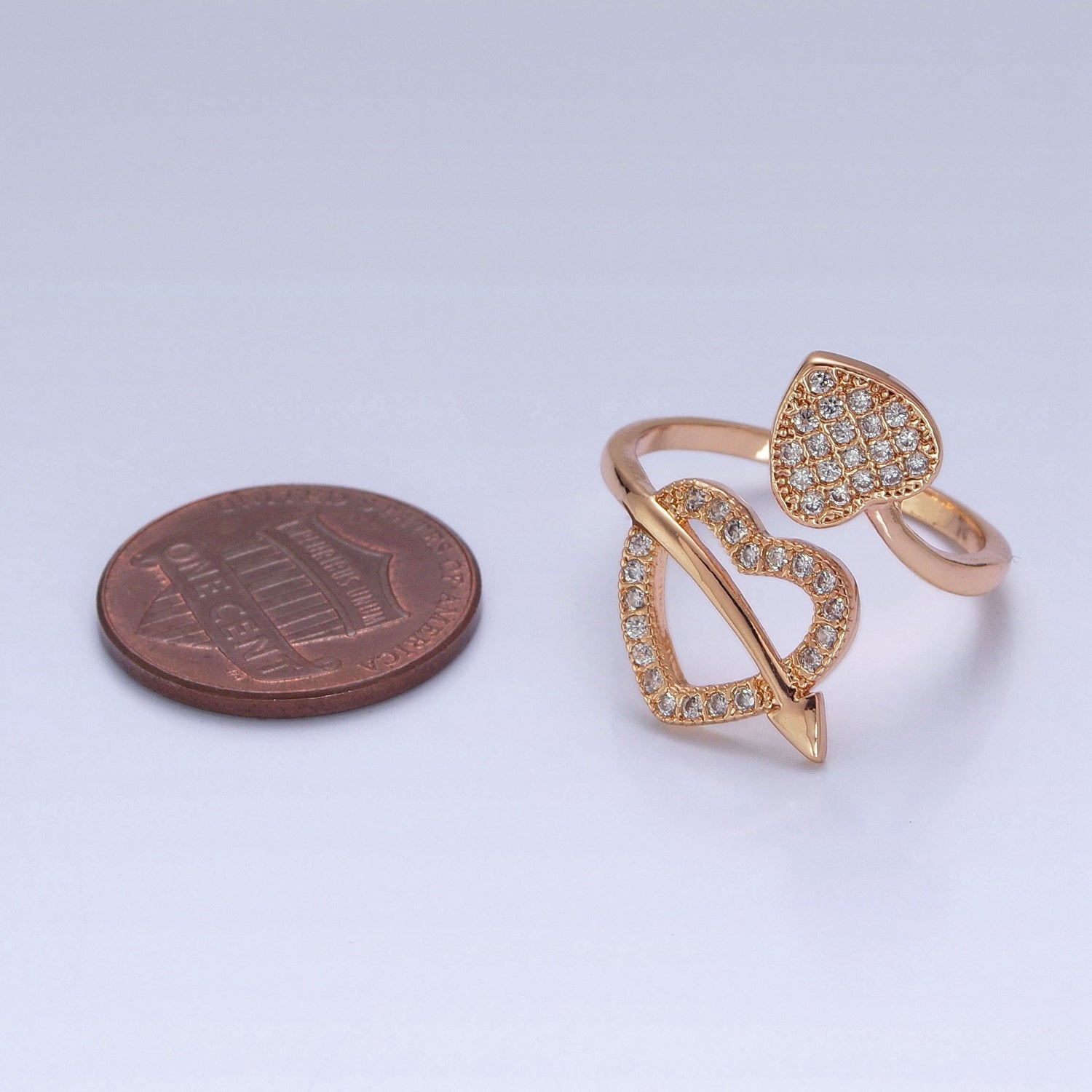 16K Gold Filled Two Micro Pave CZ Hearts with Arrow Open Adjustable Ring S233 - DLUXCA