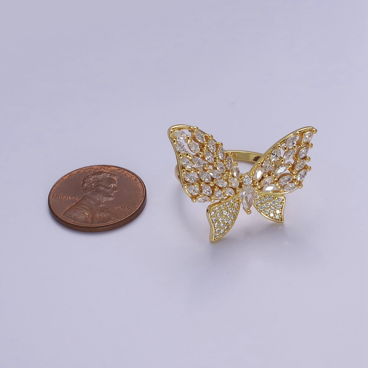 Big CZ Butterfly Ring | adjustable Statement Ring in 14k Gold Filled V-194 - DLUXCA