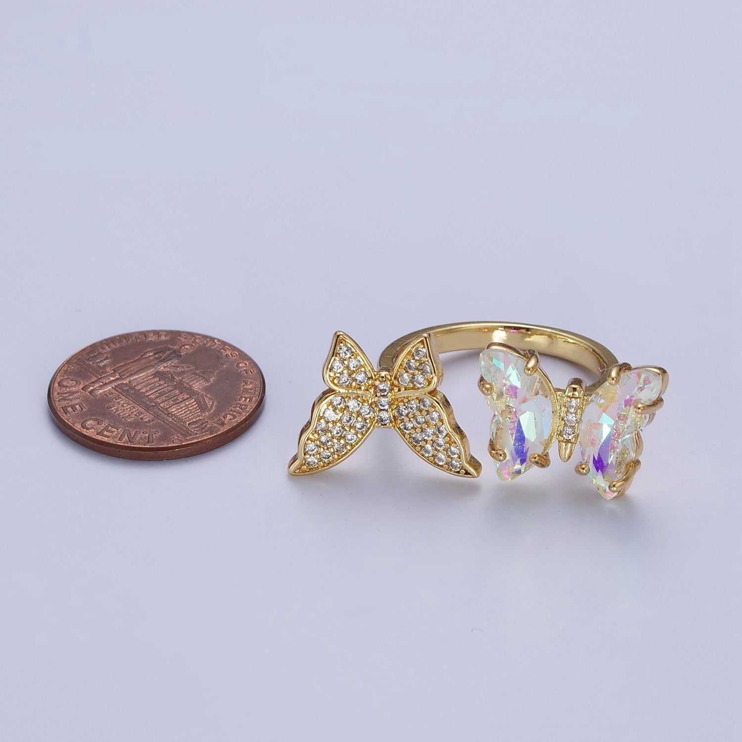 24K Gold Filled Micro Pave Cubic Zirconia Butterfly & Acrylic Mariposa Double Insect Butterfly Open Ring S-243 - DLUXCA