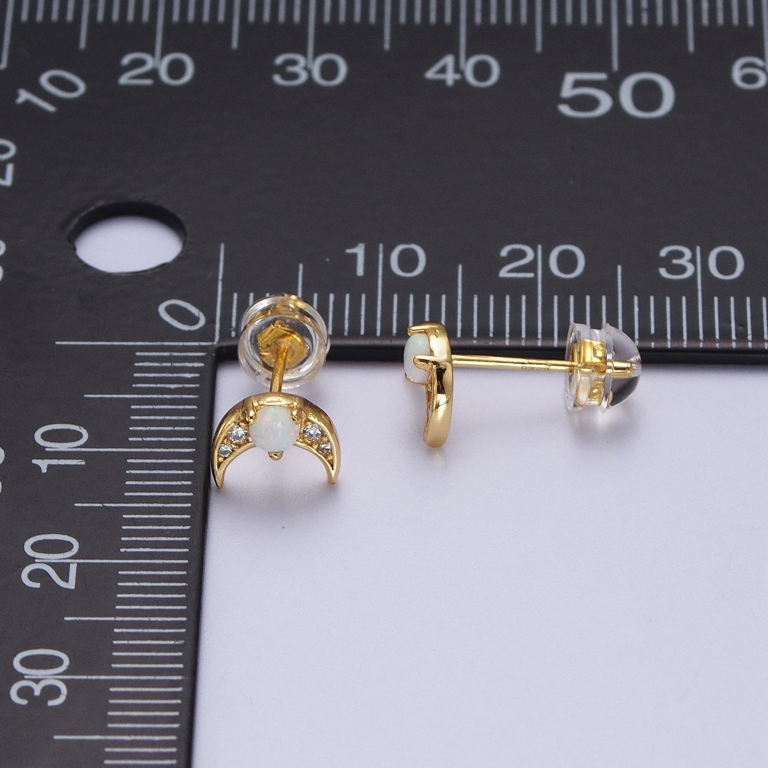 24K Gold Filled Mini White Opal Micro Paved CZ Crescent Moon Stud Earrings | Y225 - DLUXCA