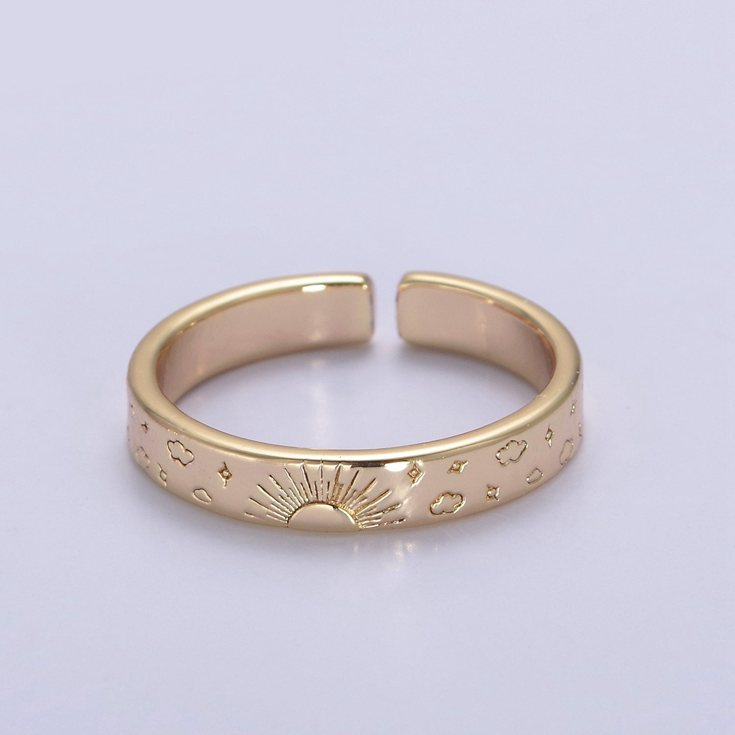 Gold Celestial Astronomy RING SET, Engraved Sun & Moon & Stars Gold Band Rings, 16K Gold Filled Adjustable Rings U442 - DLUXCA