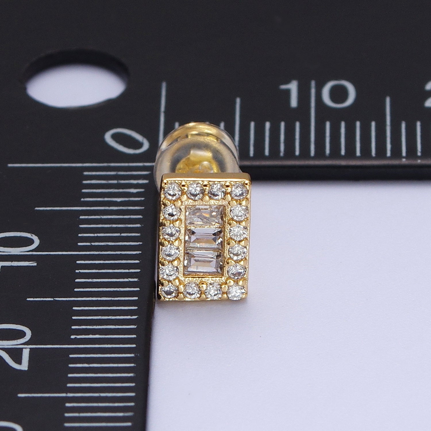 24K Gold Filled Micro Paved Baguette CZ Rectangular Bar Stud Earrings | Y103 - DLUXCA