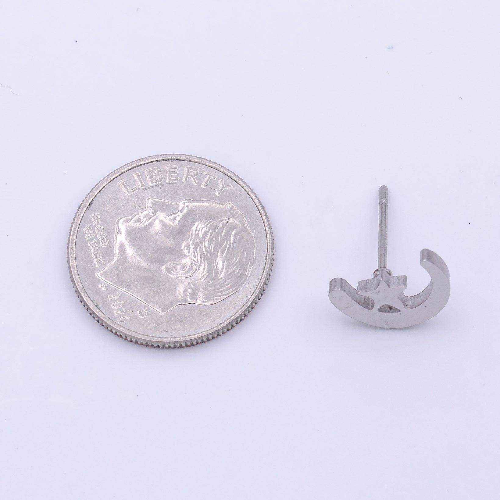 Stainless Steel Celestial Crescent Moon & Star Minimalist Silver Stud Earrings | Y248 - DLUXCA