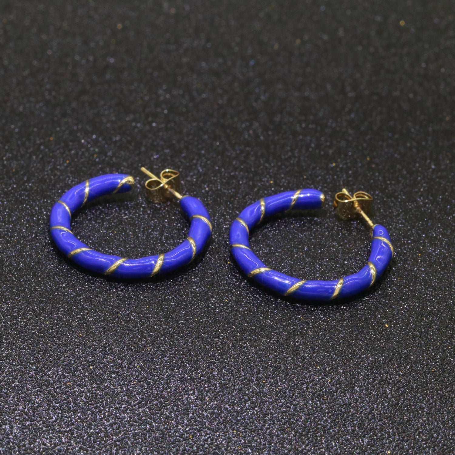 Dark Blue Enamel Hoop Earring with Gold Swirl 26mm Hoop earring Jewelry Gift - DLUXCA