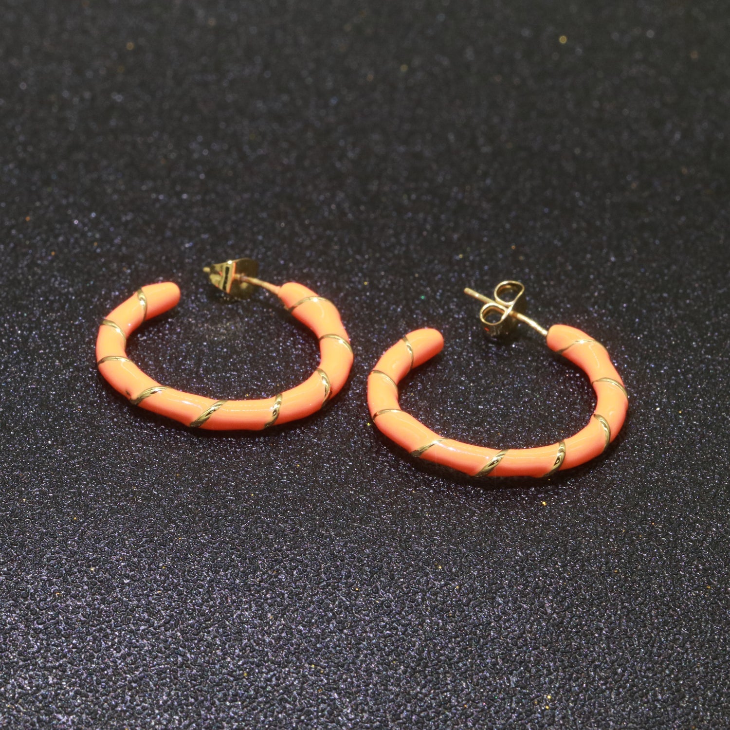 Orange Enamel Hoop Earring with Gold Swirl 26mm Hoop earring Jewelry Gift - DLUXCA