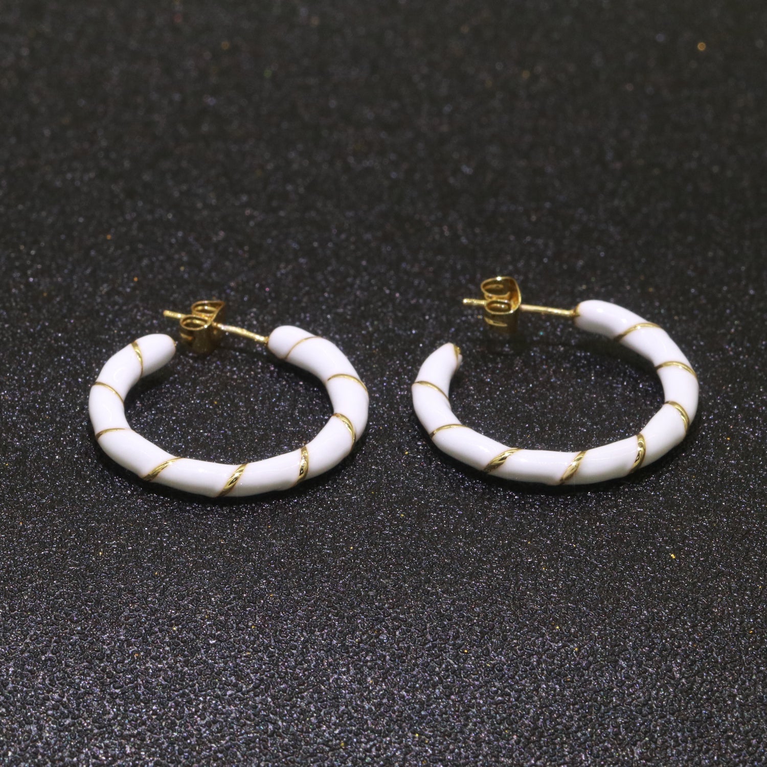 White Enamel Hoop Earring with Gold Swirl 26mm Hoop earring Jewelry Gift - DLUXCA